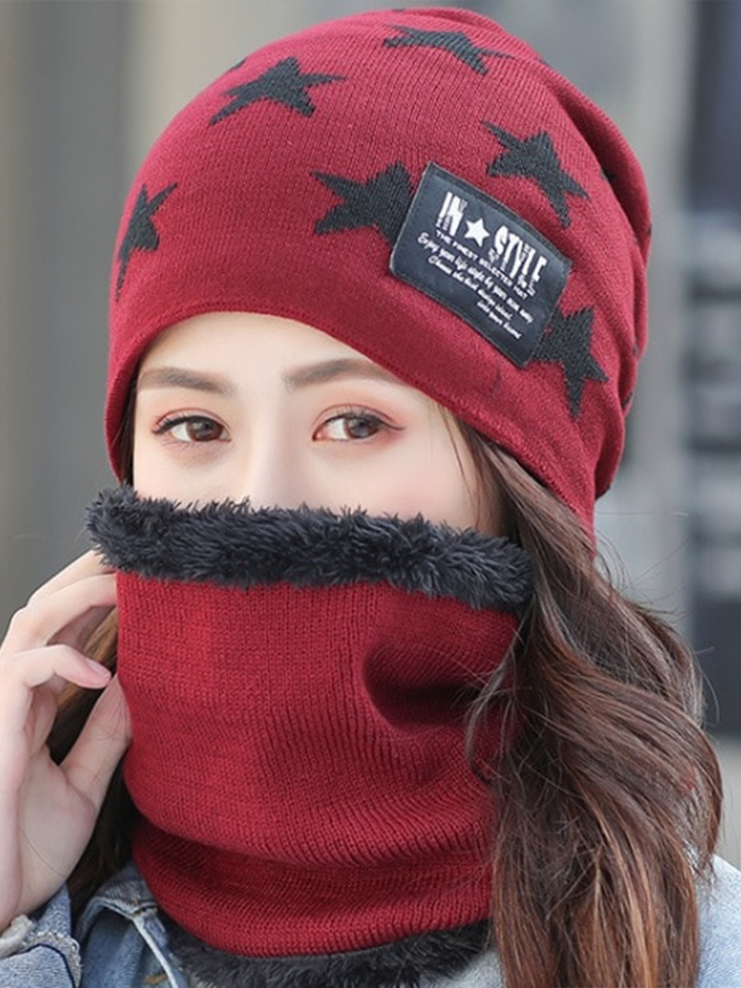 

Alexvyan Women Printed Snow Proof Knitted Cap with Scarf, Red