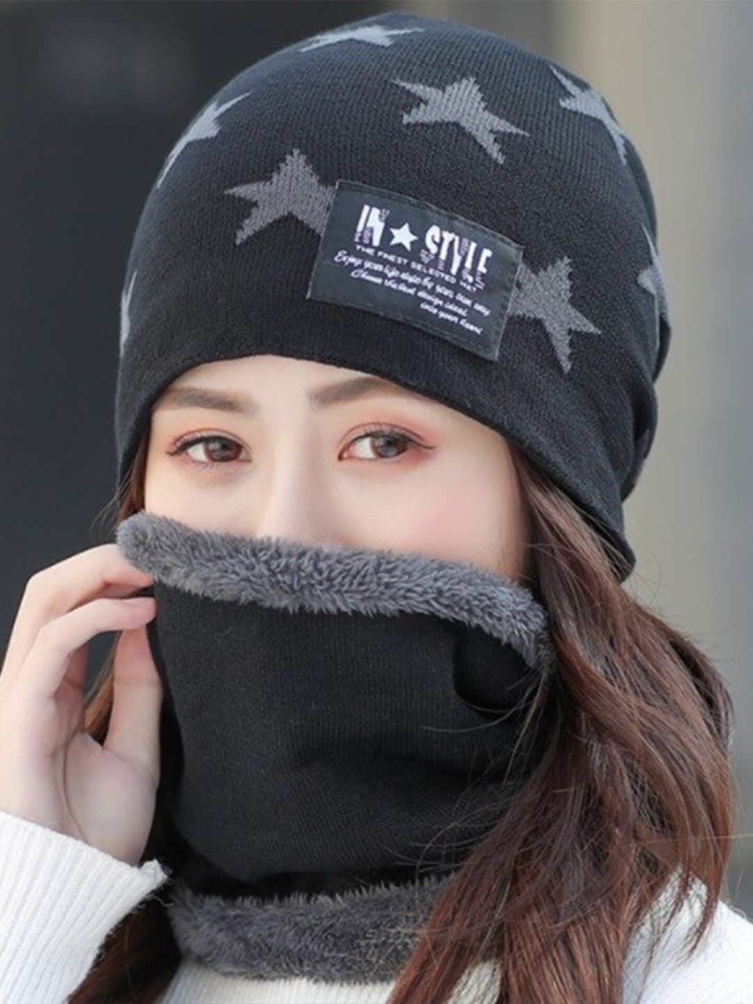 

Alexvyan Women Printed Winter Air & Snow Proof Knitted Warm Soft Woollen Beanie, Black