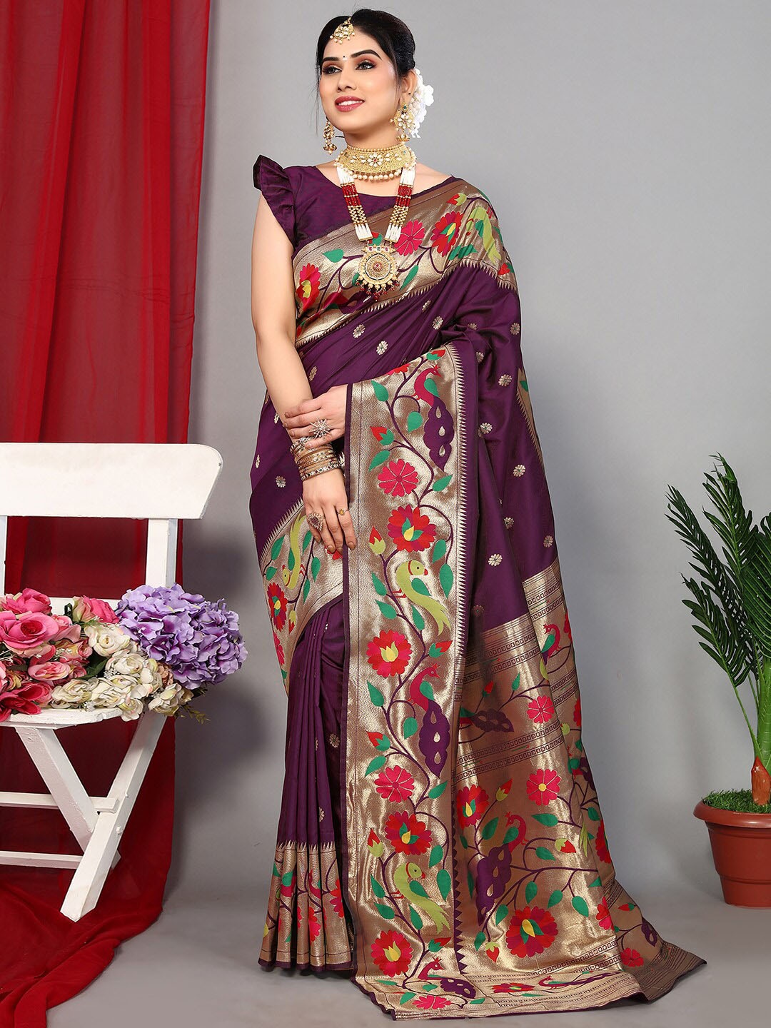 

Satrani Floral Woven Design Paithani Saree, Purple