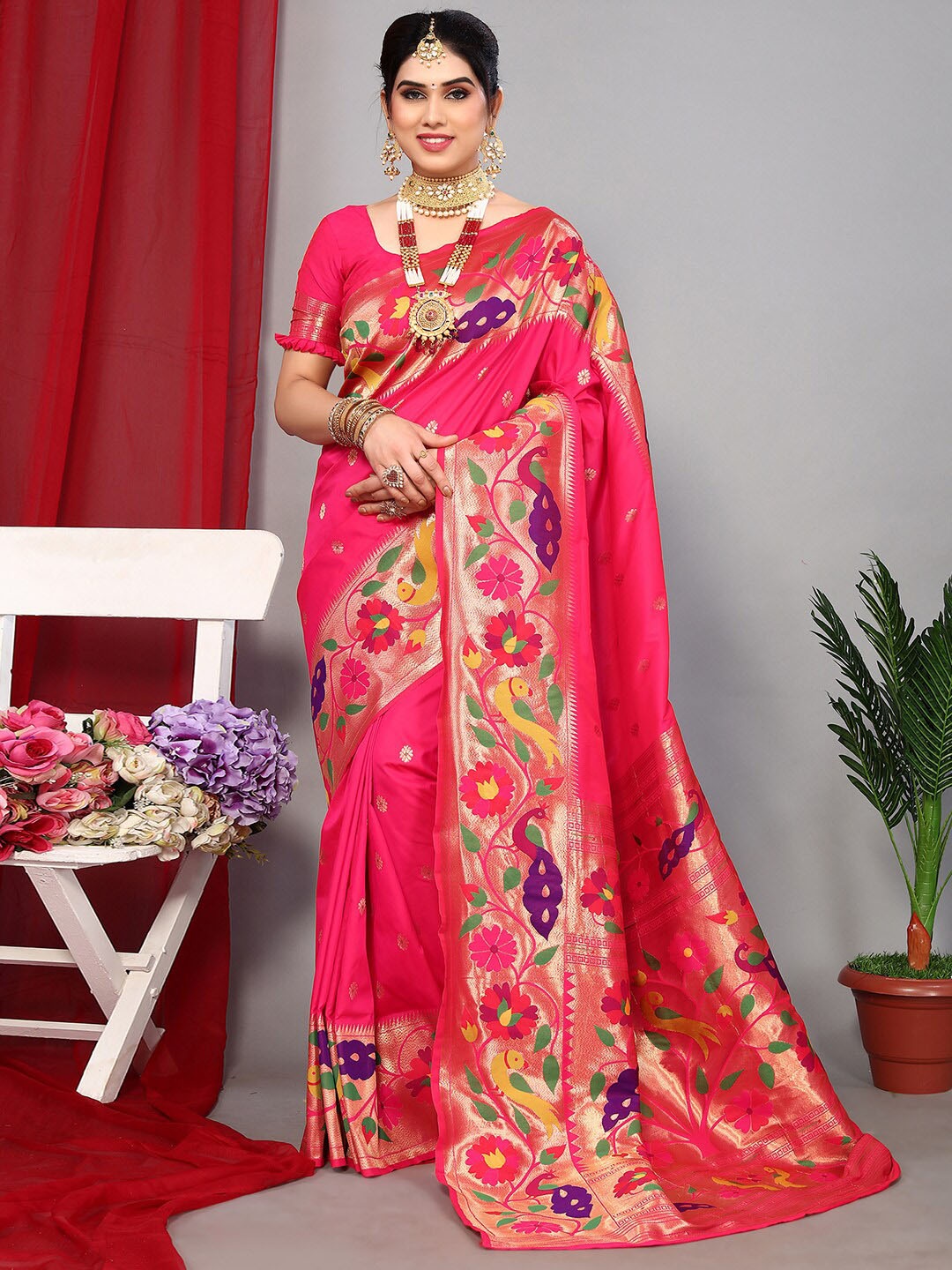 

Satrani Pink & Gold Toned Floral Woven Design Zari Paithani Saree