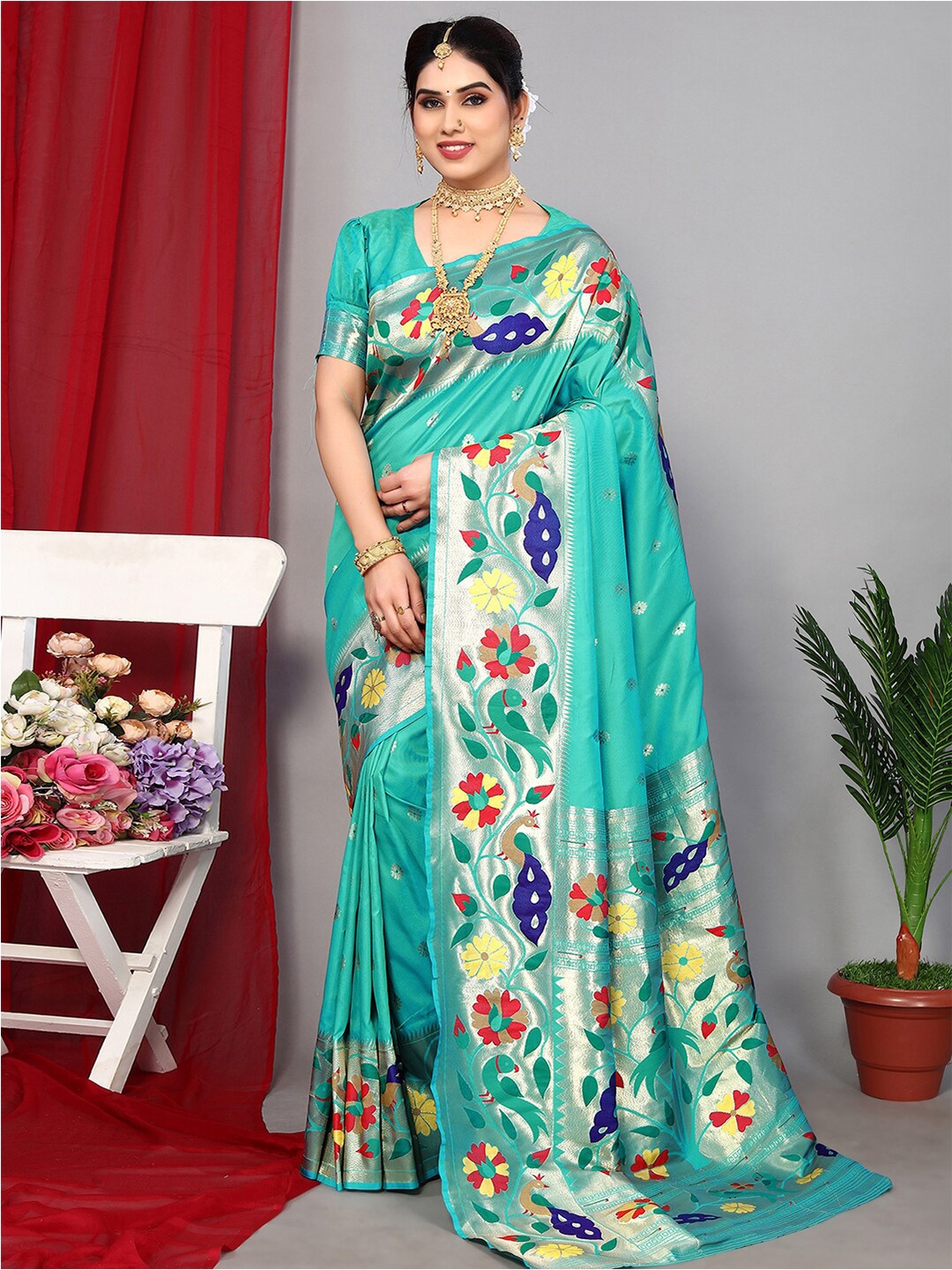 

Satrani Turquoise Blue Woven Design Paithani Saree