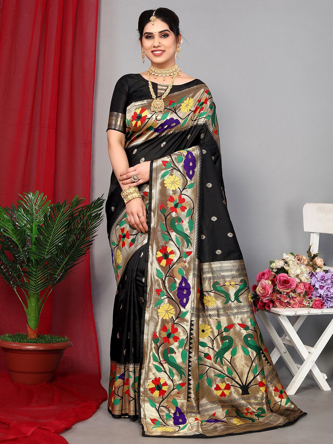 

Satrani Black & Gold-Toned Woven Design Zari Paithani Saree