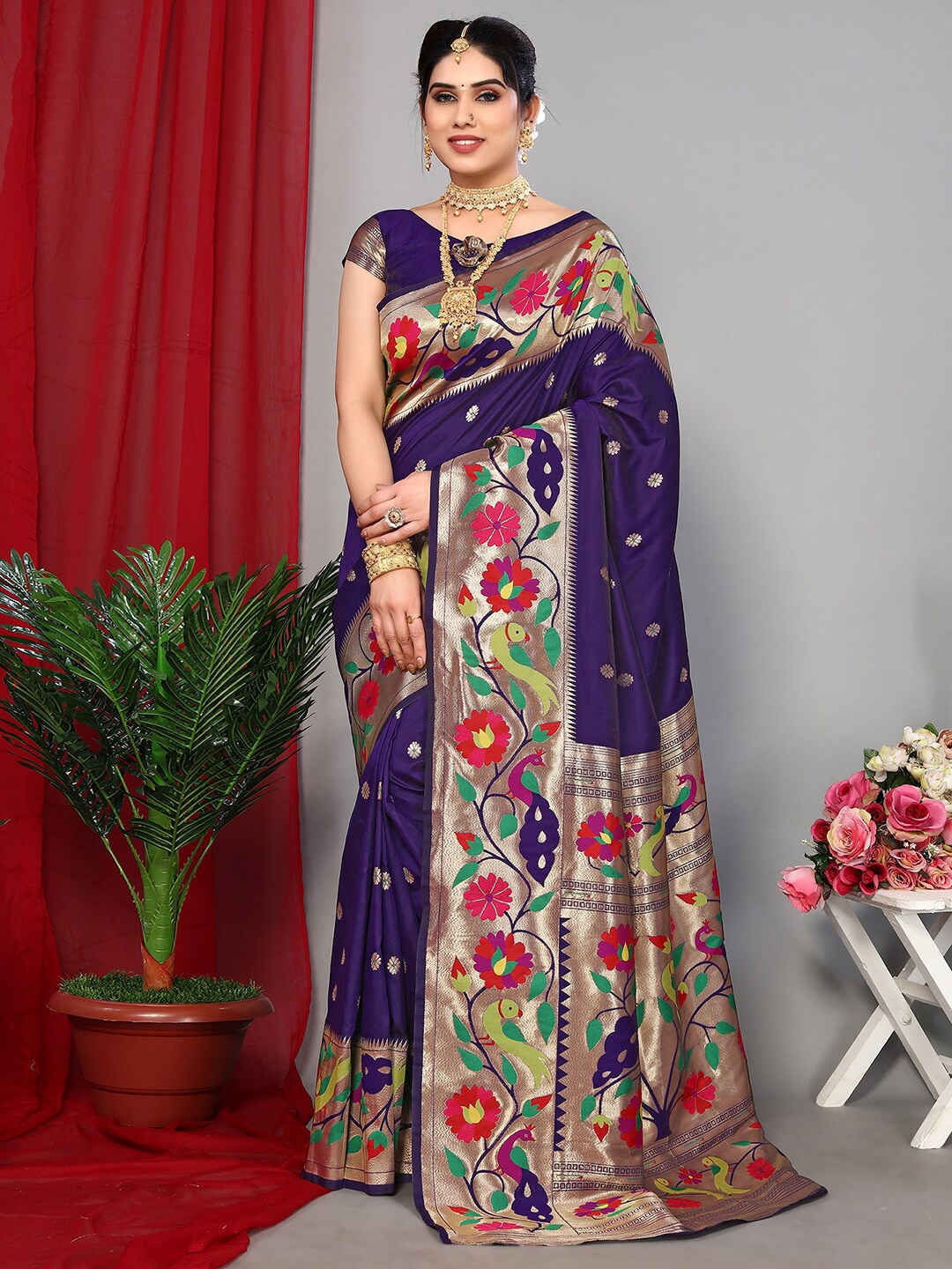 

Satrani Purple Woven Design Paithani Saree