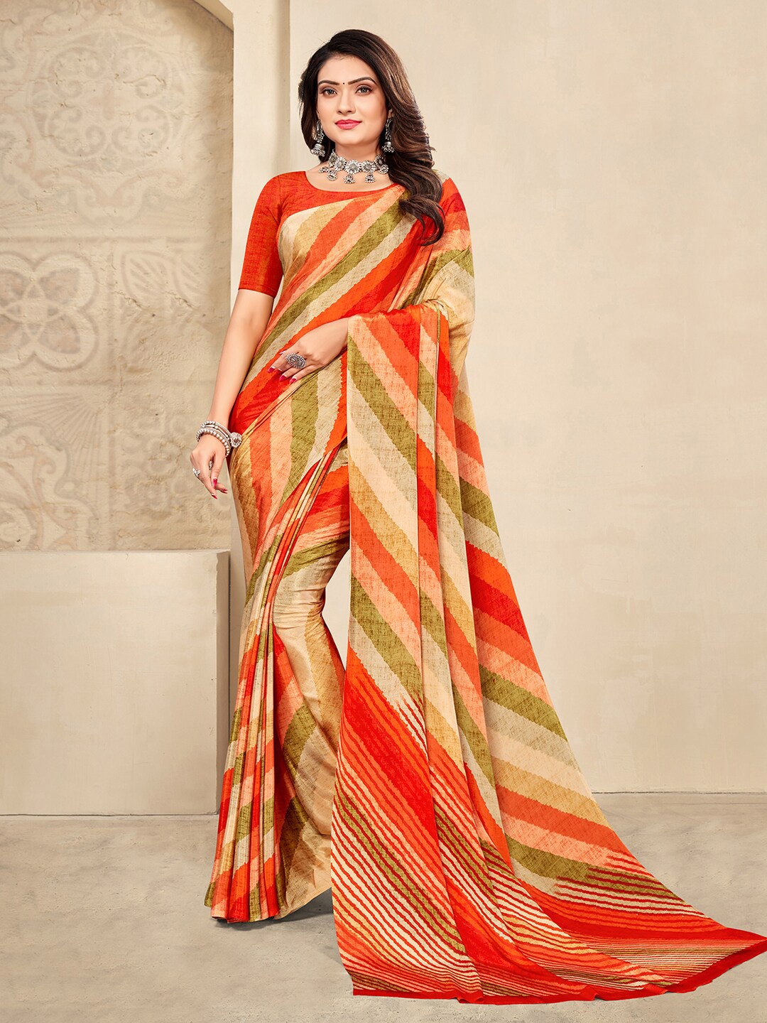 

Mitera Orange Striped Leheriya Saree
