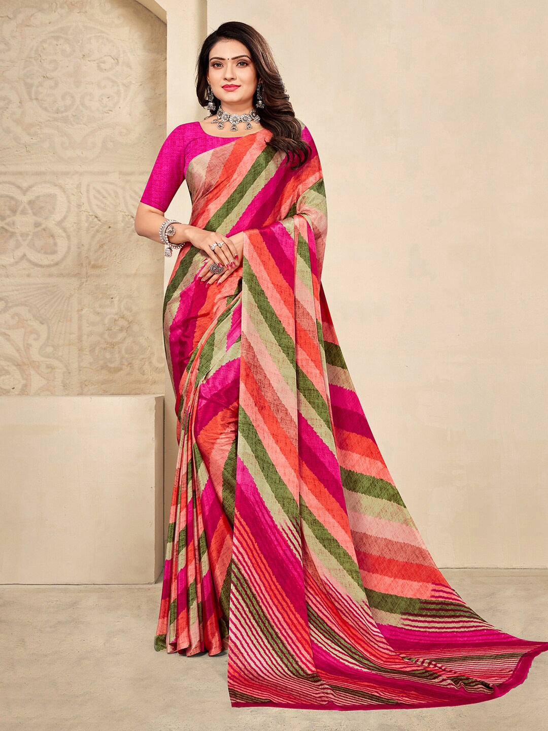 

Mitera Leheriya Printed Silk Blend Saree, Pink