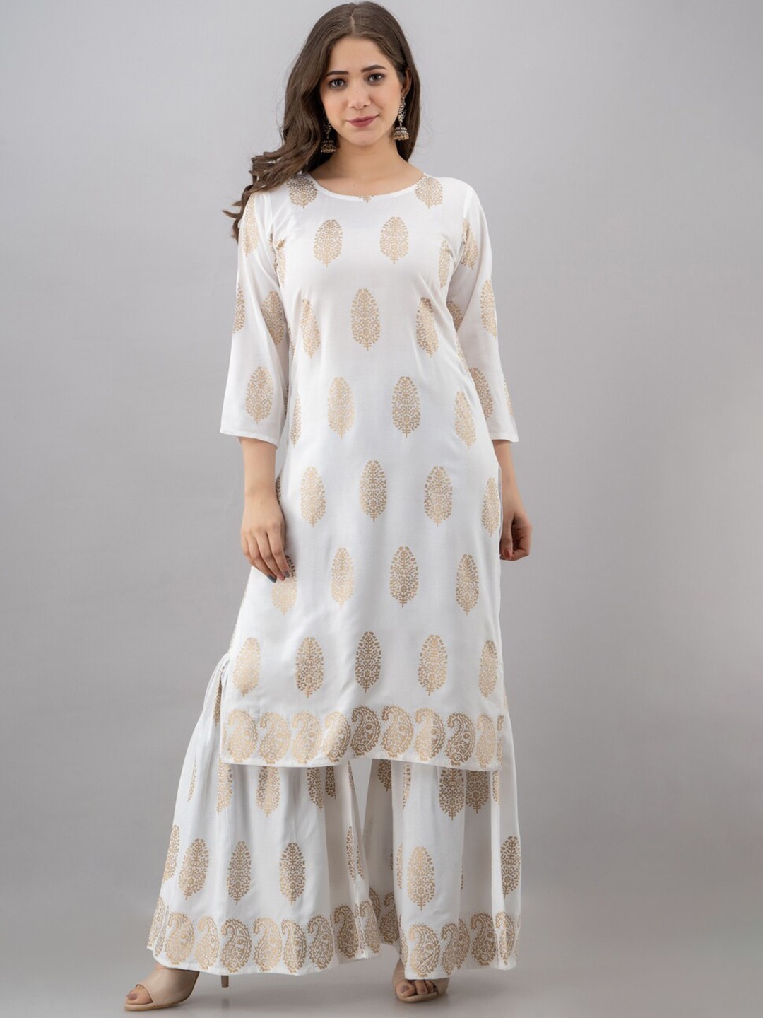 

SURHI Ethnic Motifs Foil Printed Straight Kurta With Sharara, White