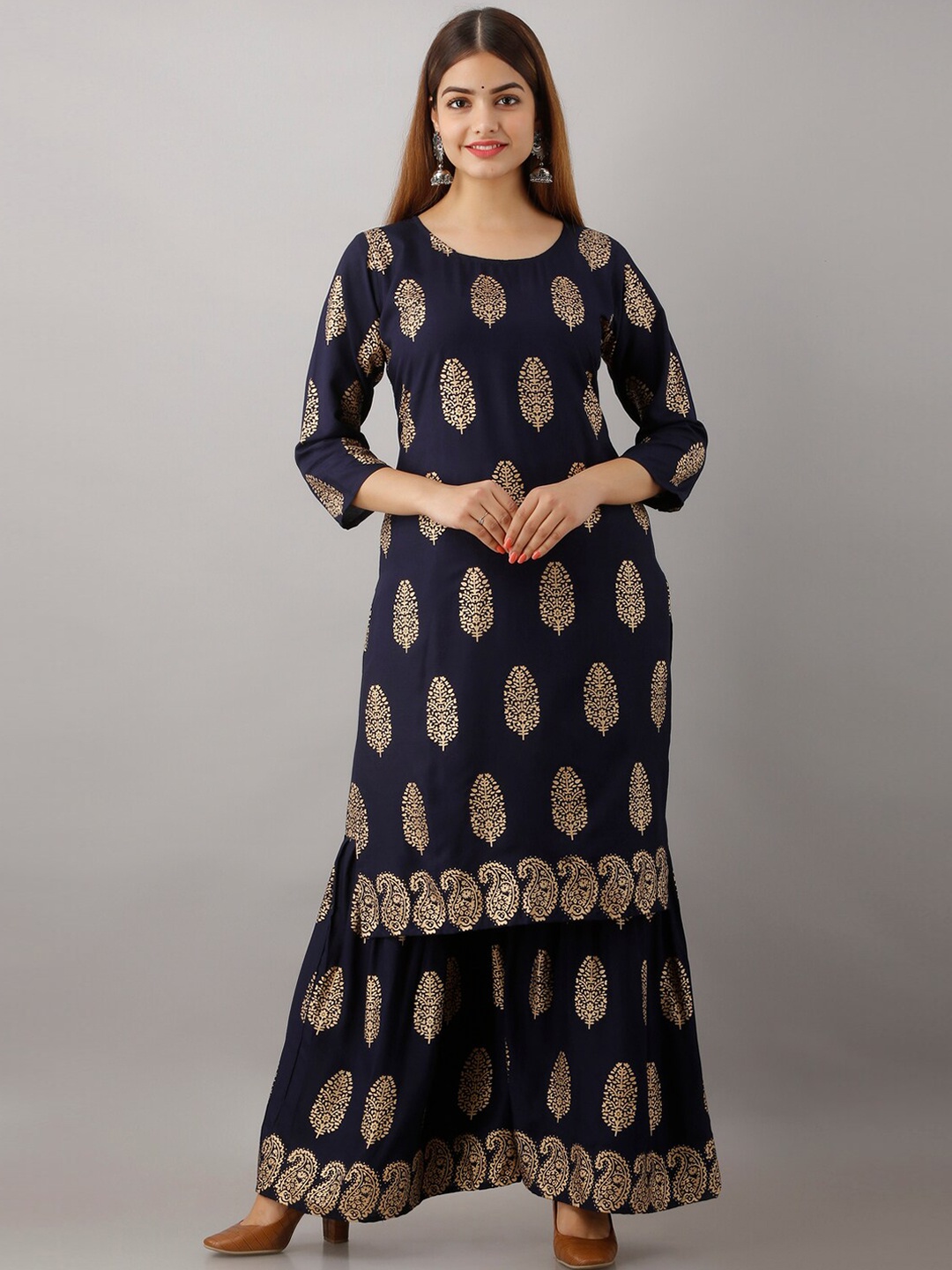 

SURHI Ethnic Motifs Foil Printed Straight Kurta With Sharara, Navy blue