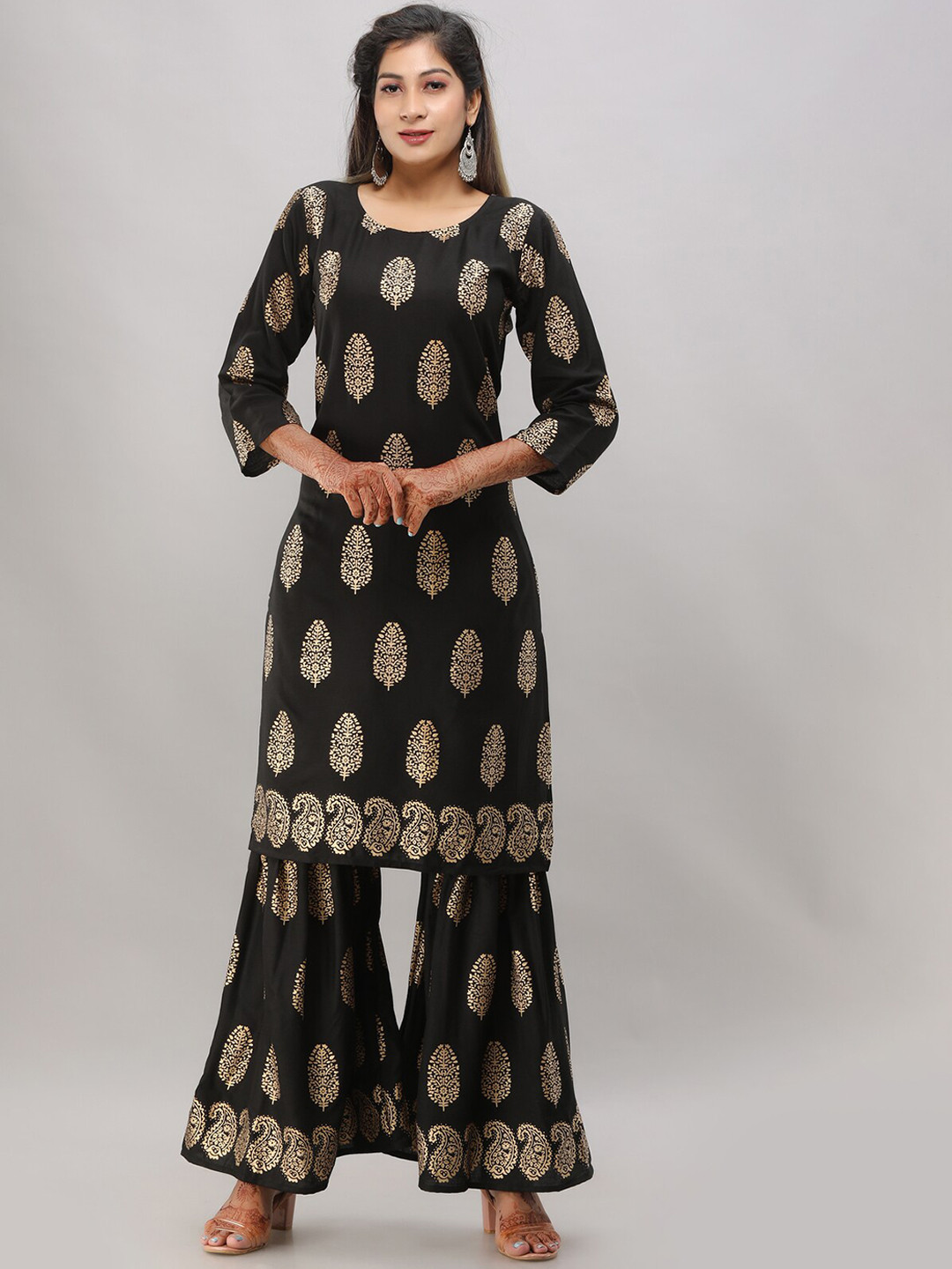 

SURHI Ethnic Motifs Foil Printed Kurta with Sharara, Black