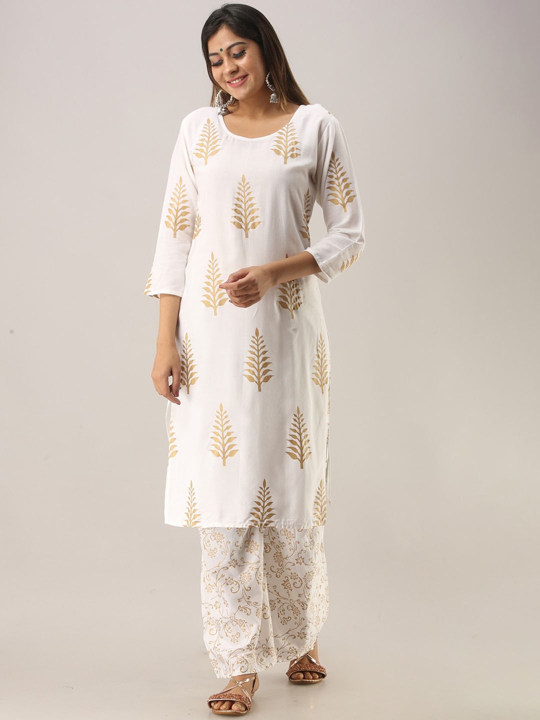 

SURHI Ethnic Motifs Foil Printed Straight Kurta With Palazzos & Dupatta, White