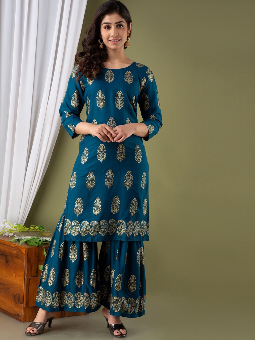 

SURHI Ethnic Motifs Foil Printed Straight Kurta With Sharara, Blue