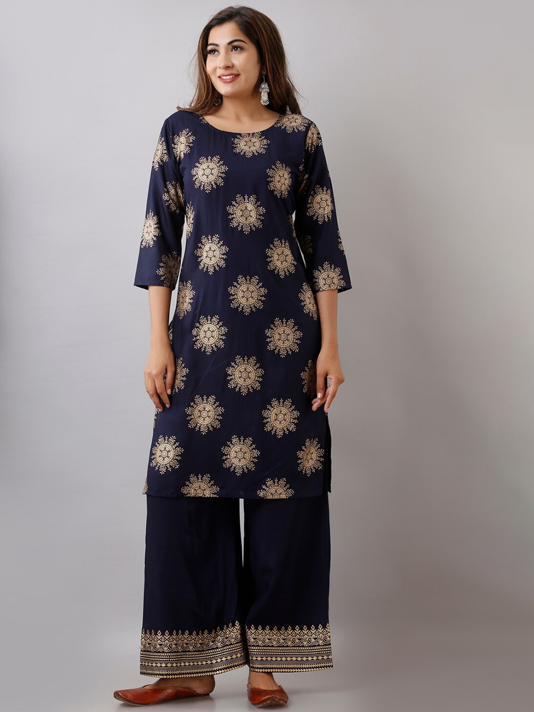 

SURHI Ethnic Motif Printed Kurta With Palazzos, Navy blue