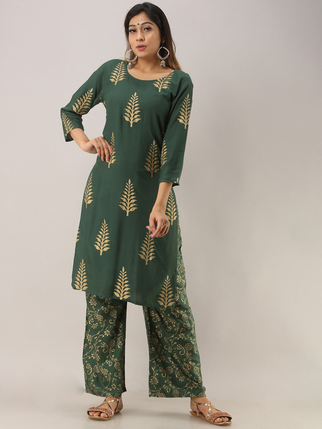 

SURHI Ethnic Motifs Printed Straight Kurta With Palazzos & Dupatta, Green