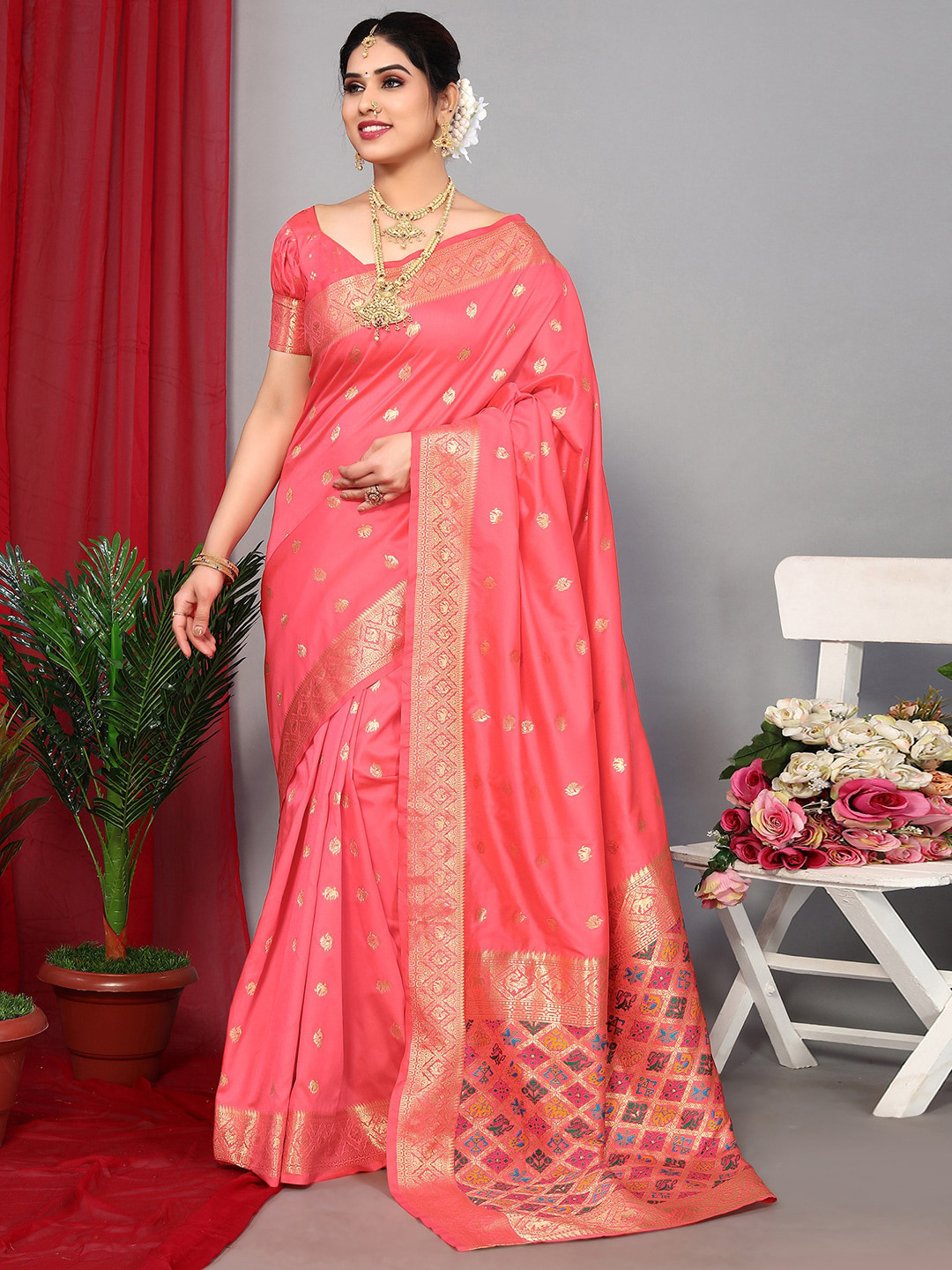 

Satrani Ethnic Motif Woven Design Zari Designer Paithani Saree, Pink