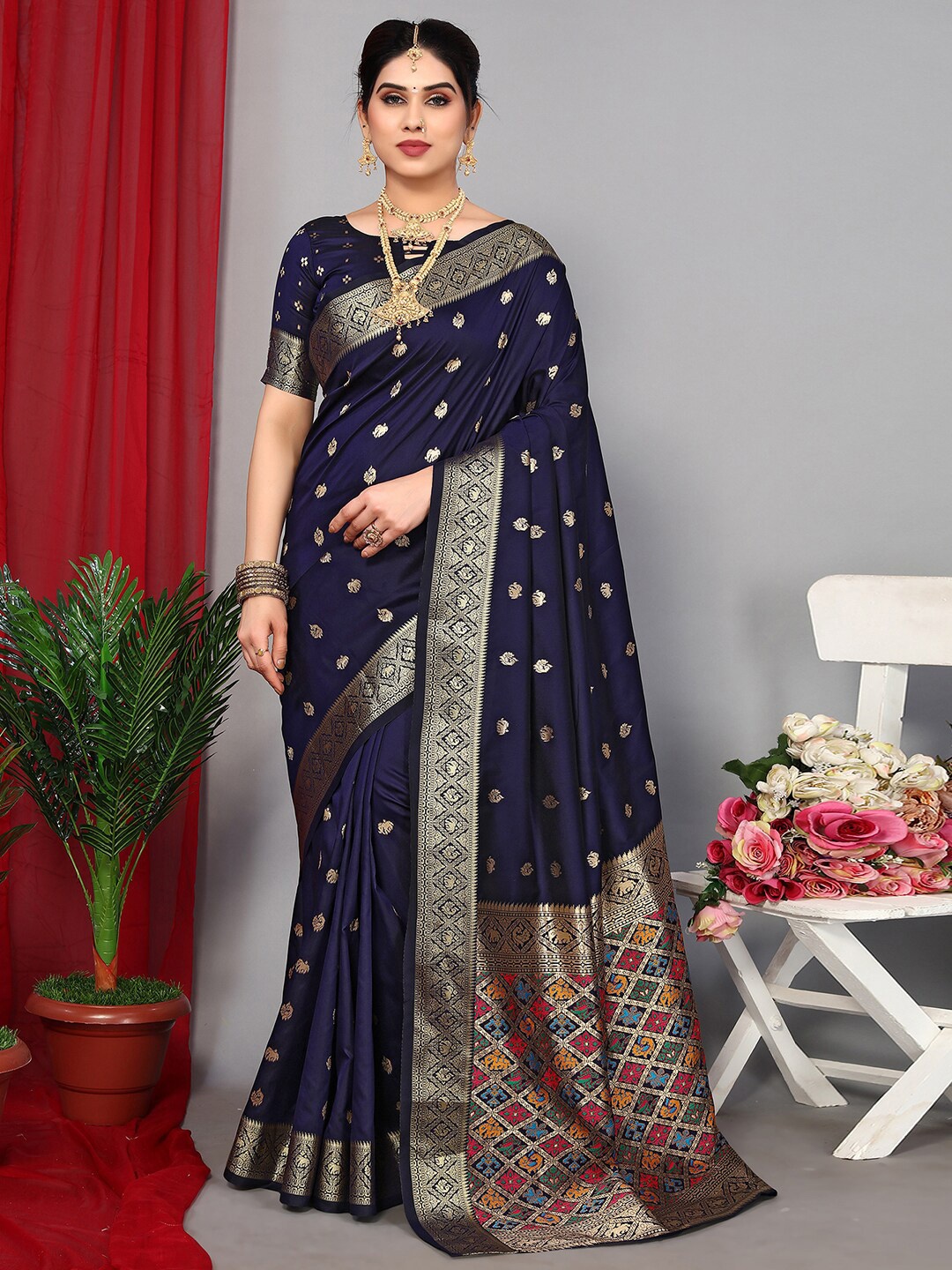 

Satrani Ethnic Motifs Woven Design Zari Paithani Saree, Blue
