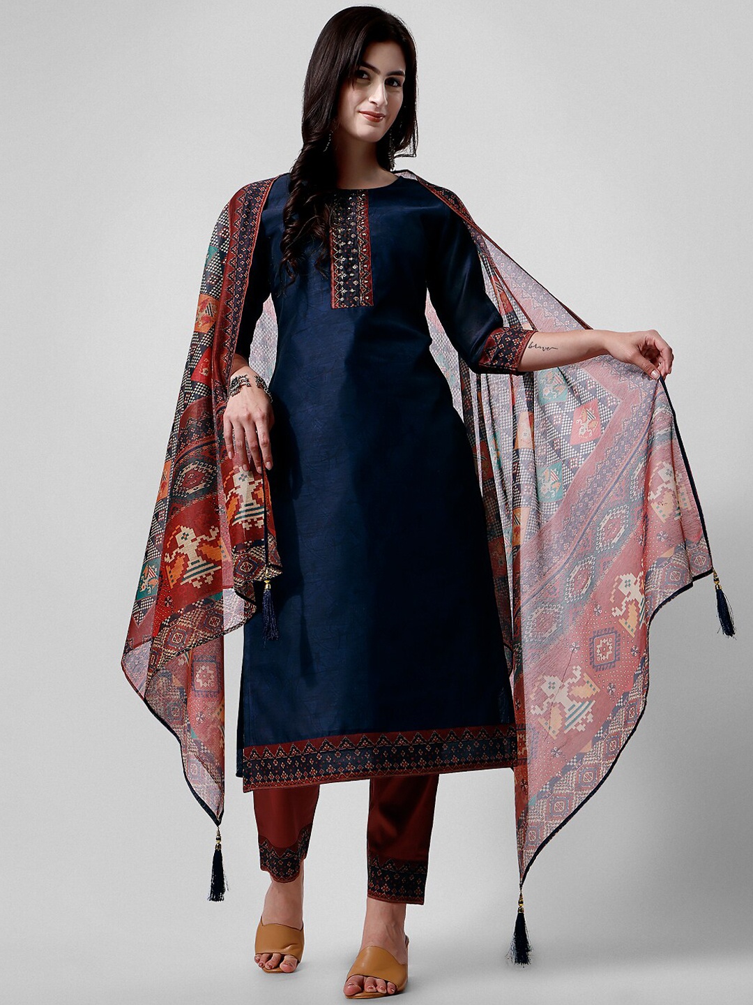 

Berrylicious Embroidered Beads and Stones Chanderi Cotton Kurta with Trousers & Dupatta, Navy blue