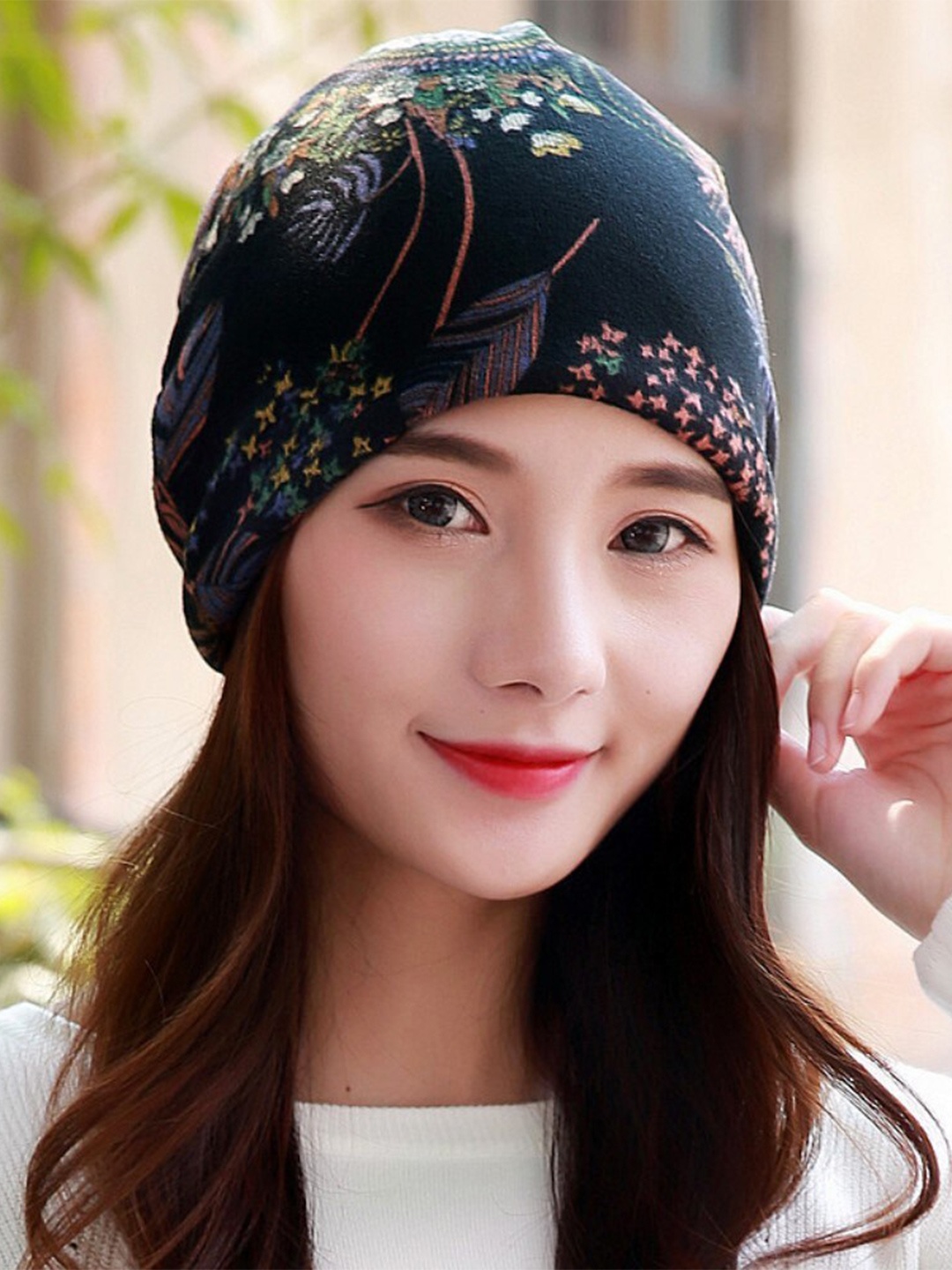 

Alexvyan Women Printed Cotton Beanie, Black