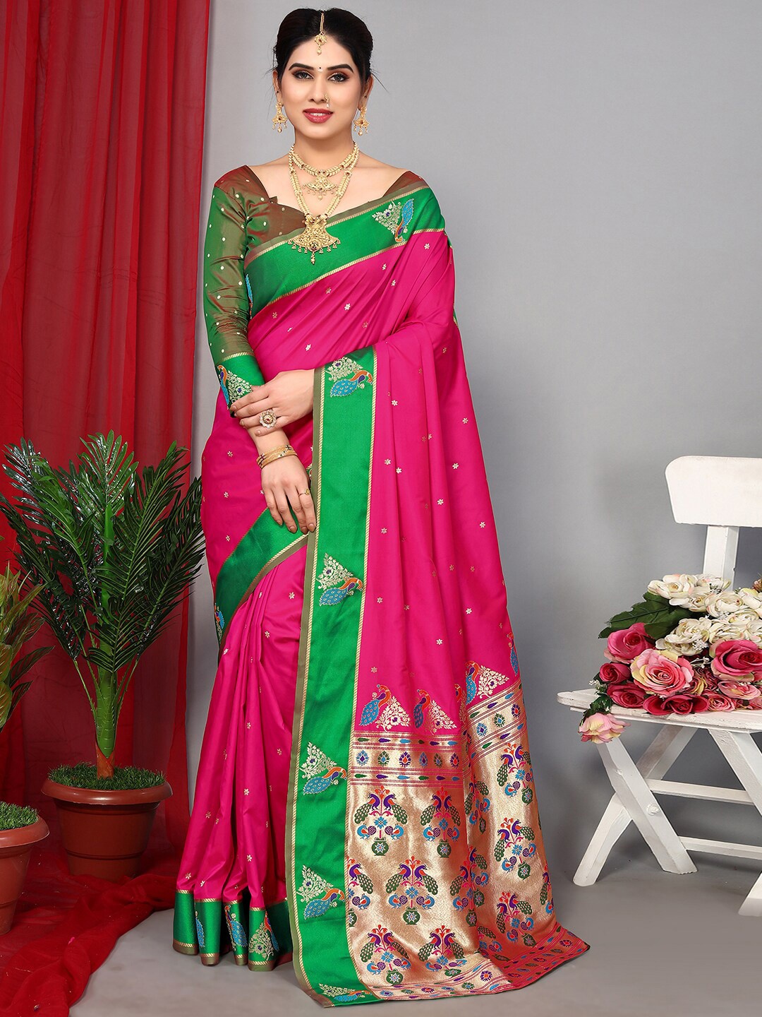 

Satrani Pink & Green Ethnic Woven Design Zari Paithani Saree