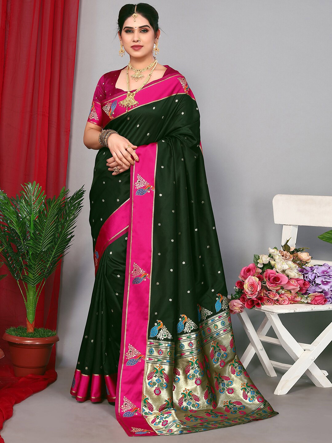 

Satrani Green & Pink Ethnic Woven Design Zari Paithani Saree