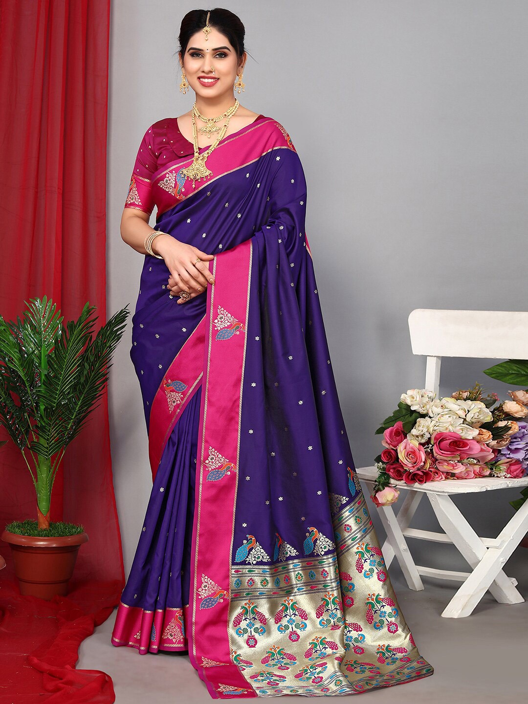 

Satrani Purple & Gold-Toned Ethnic Woven Design Zari Paithani Saree