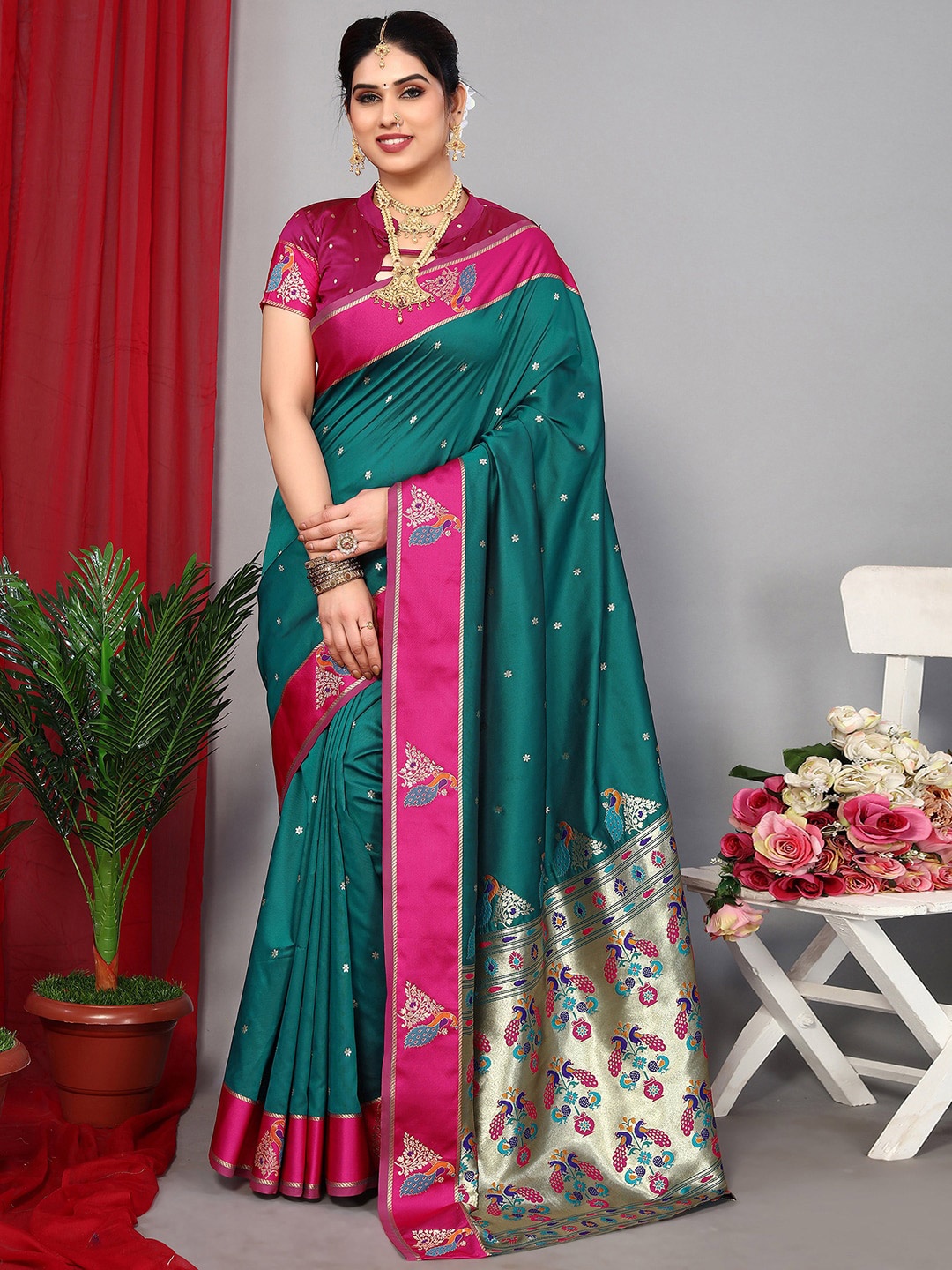 

Satrani Ethnic Motif Woven Design Zari Designer Paithani Saree, Green