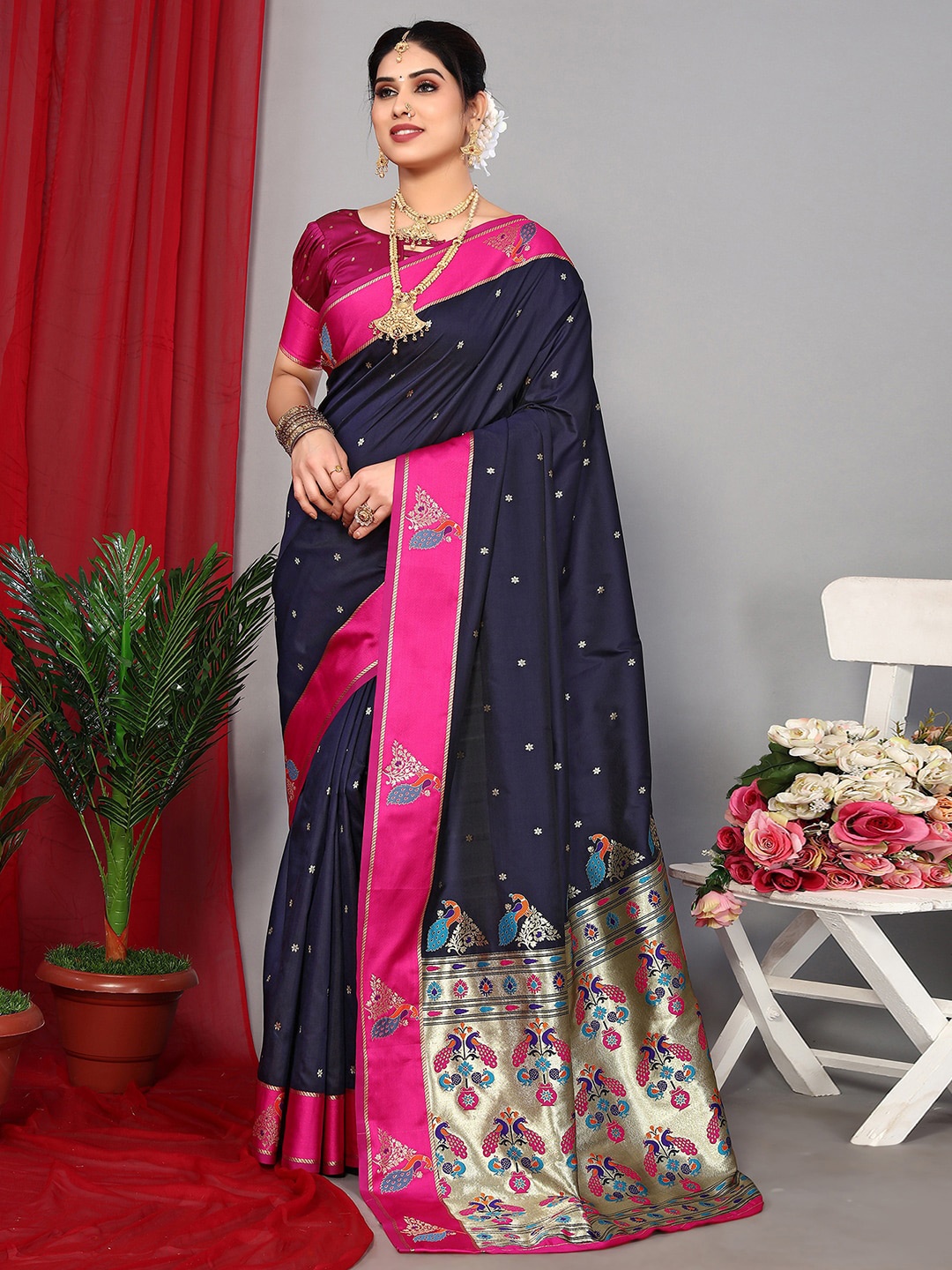 

Satrani Blue & Pink Floral Woven Design Zari Paithani Saree