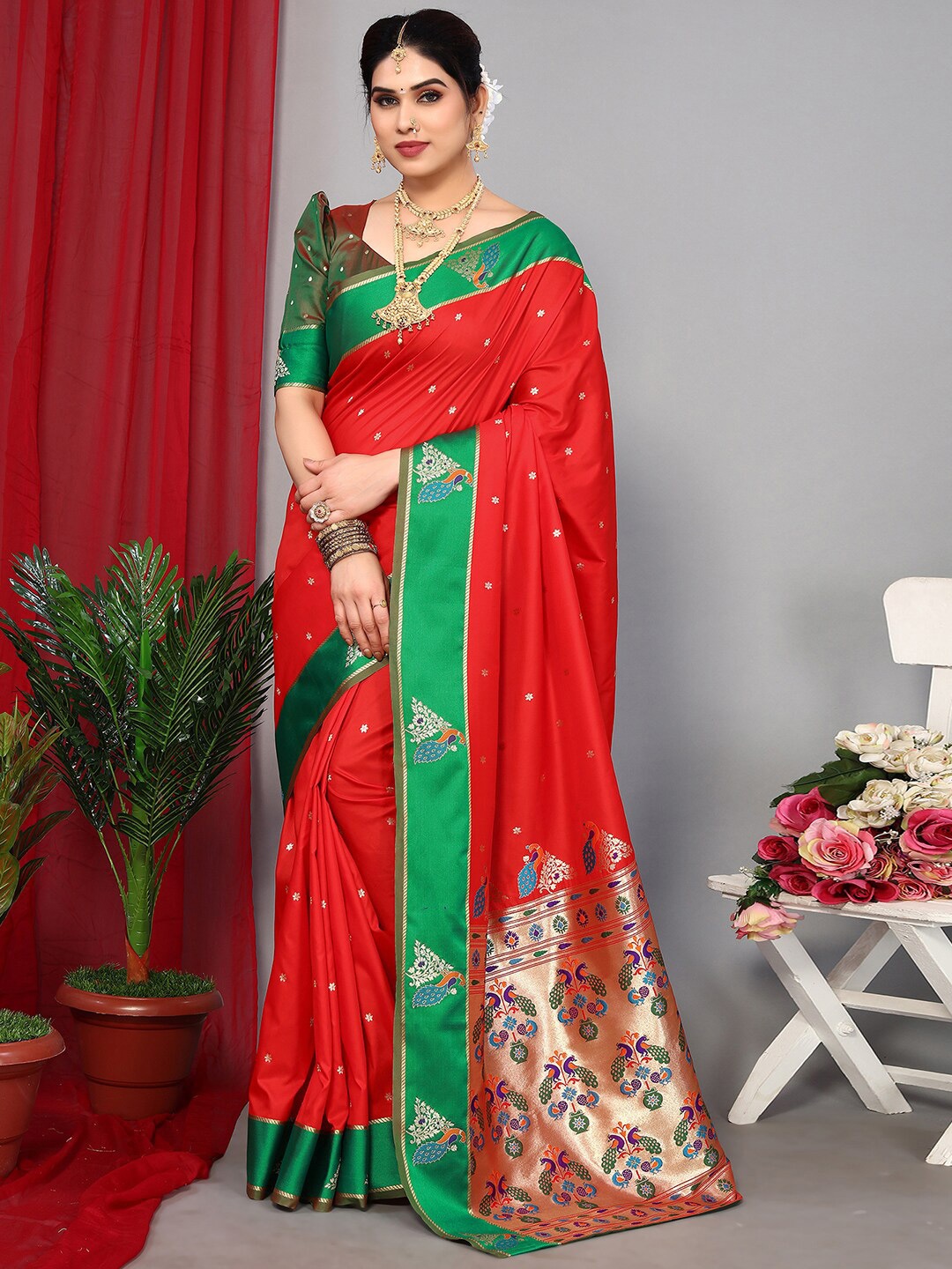

Satrani Red & Green Floral Woven Design Zari Paithani Saree