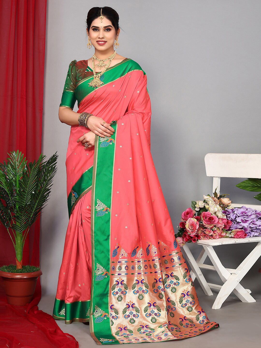 

Satrani Pink & Green Floral Woven Design Zari Paithani Saree