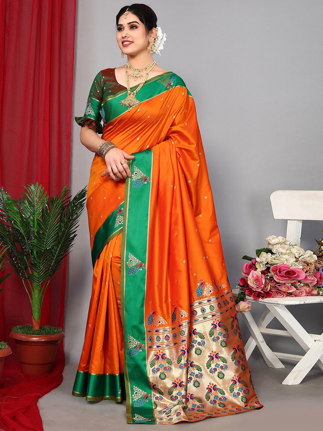 

Satrani Orange & Green Floral Woven Design Zari Paithani Saree