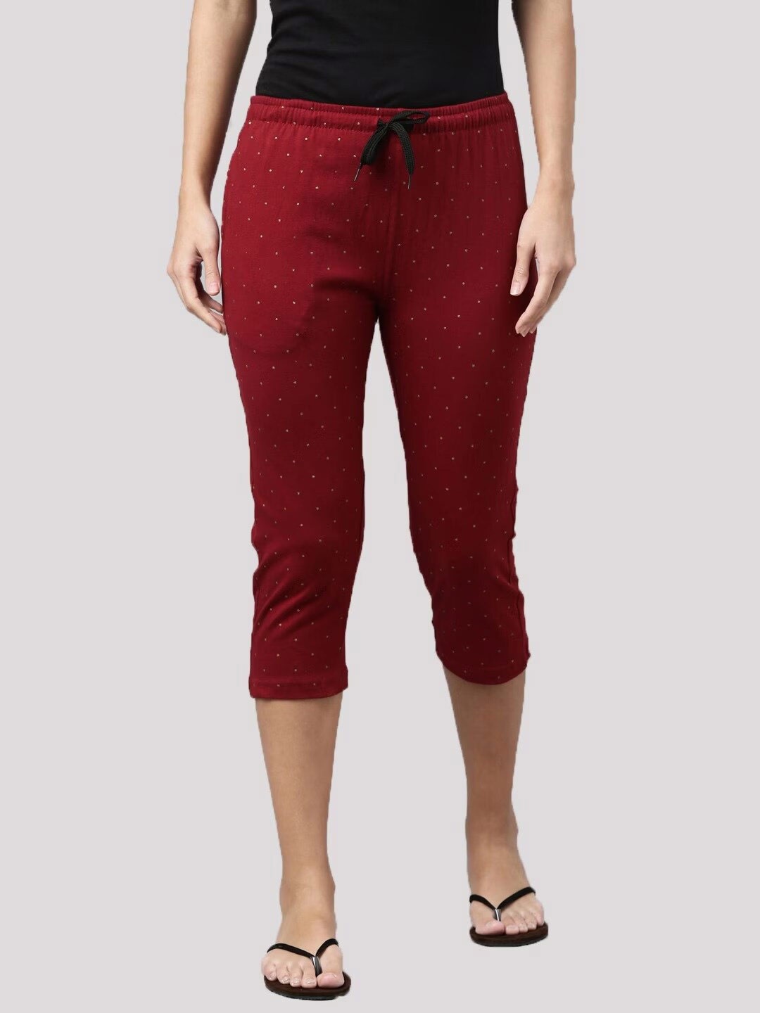 

Kryptic Women Slim Fit Polka Dots Printed Pure Cotton Capris, Maroon