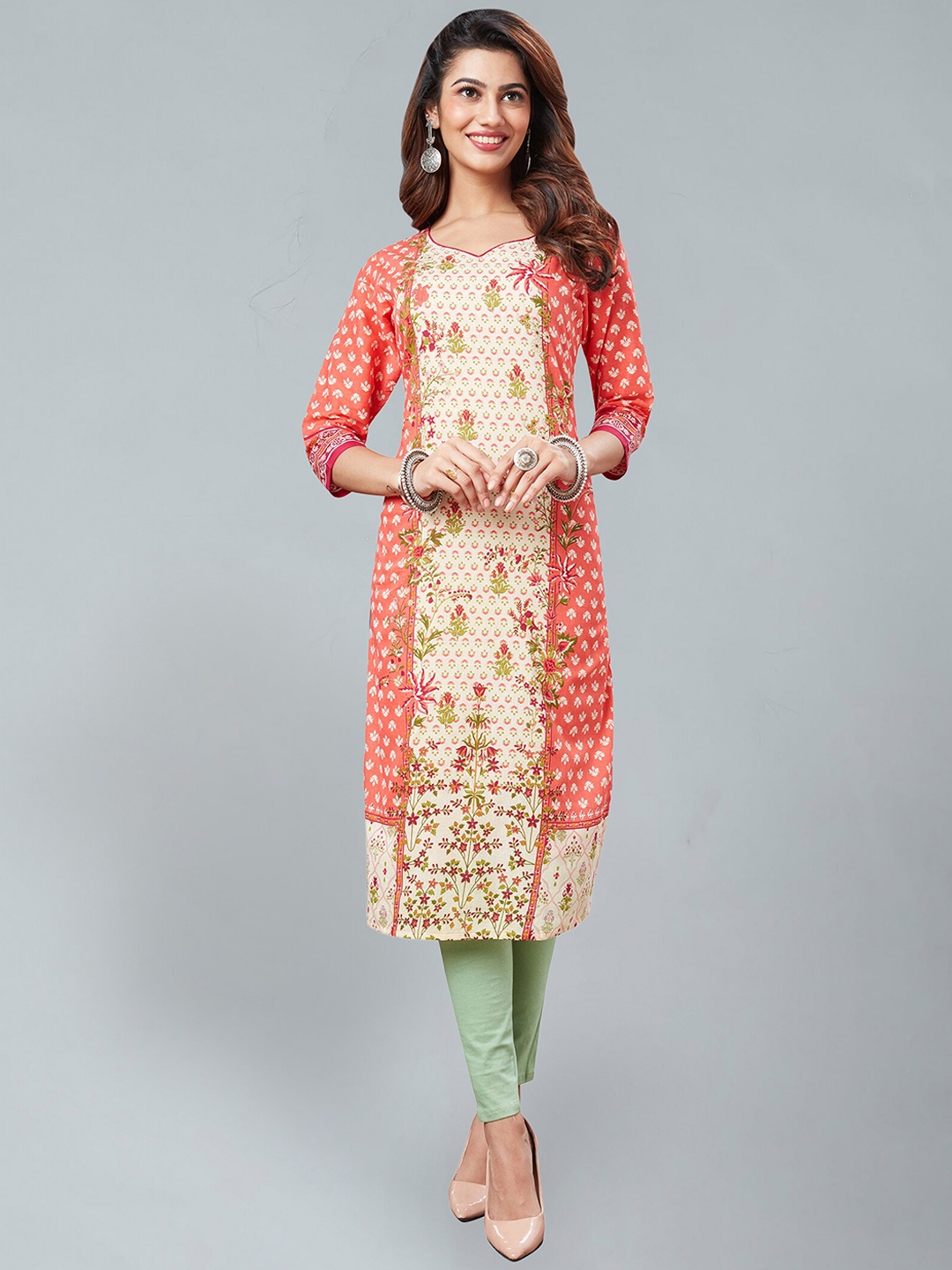 

Jevi Prints Floral Printed Cotton Straight Kurta, Orange