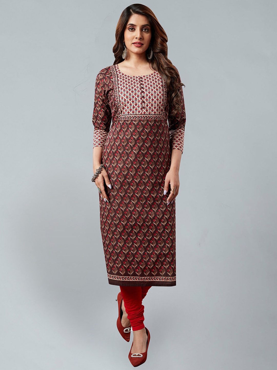 

Jevi Prints Floral Printed Pure Cotton Kurta, Brown