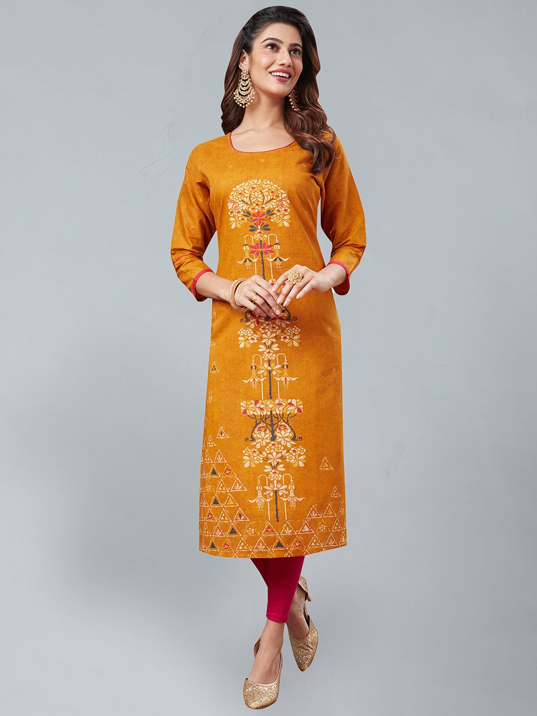 

Jevi Prints Ethnic Motifs Printed Straight Pure Cotton Kurta, Mustard