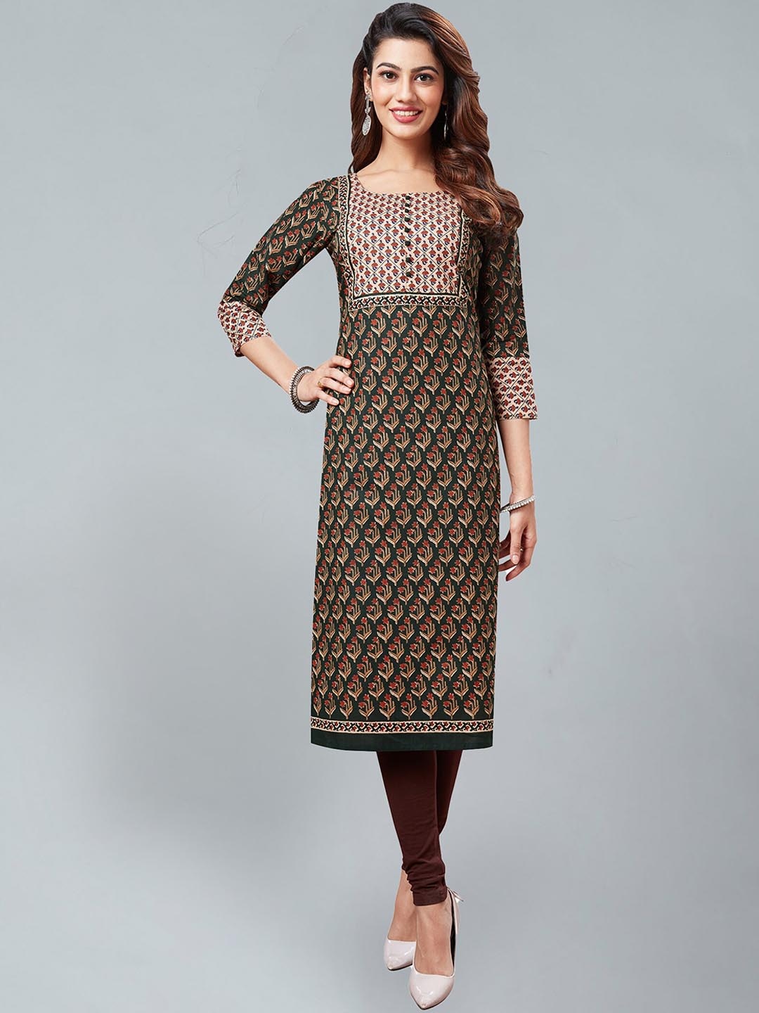 

Jevi Prints Ethnic Motifs Printed Block Print Cotton Kurta, Green