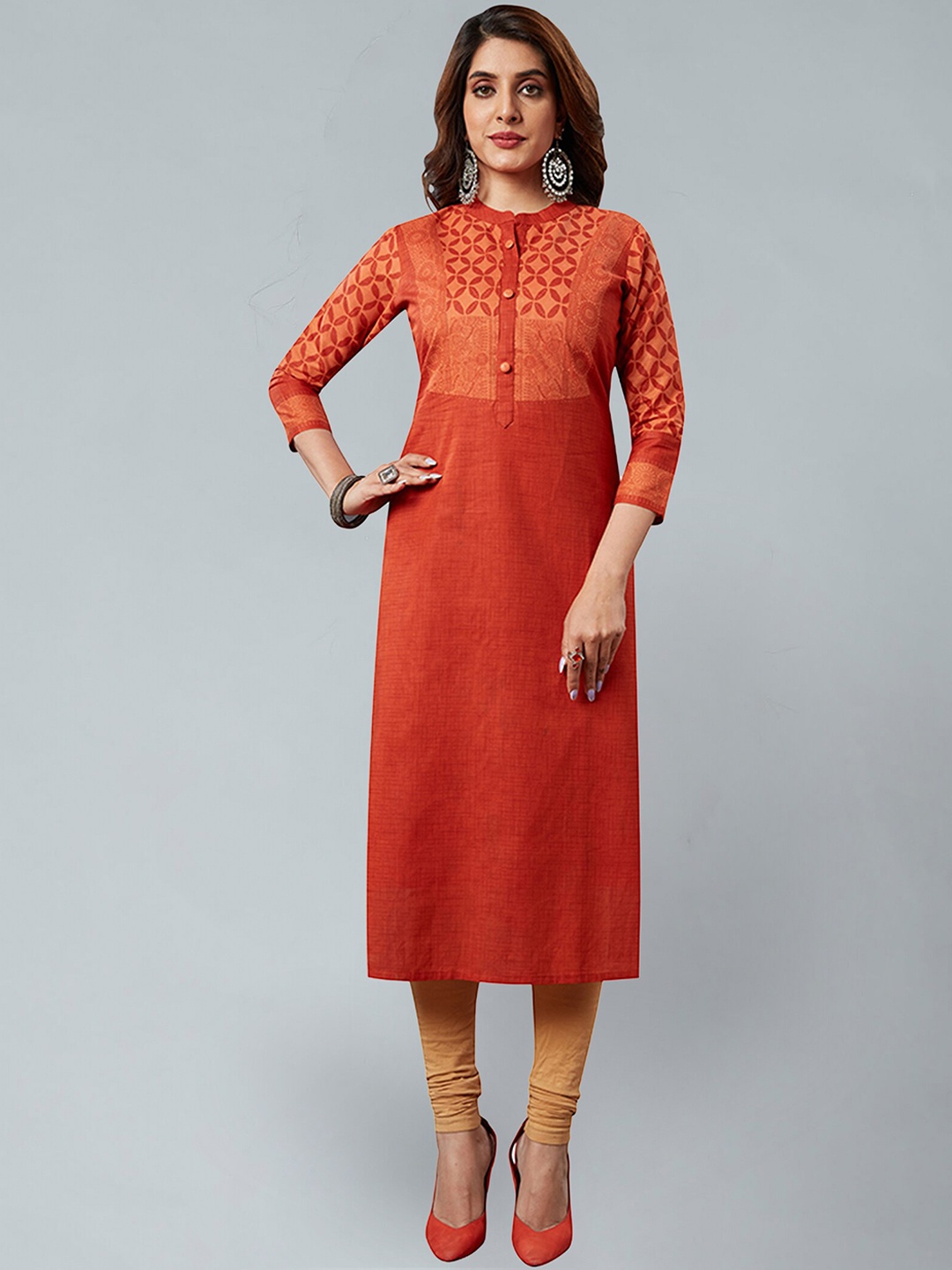 

Jevi Prints Ethnic Motifs Printed Cotton Straight Kurta, Rust