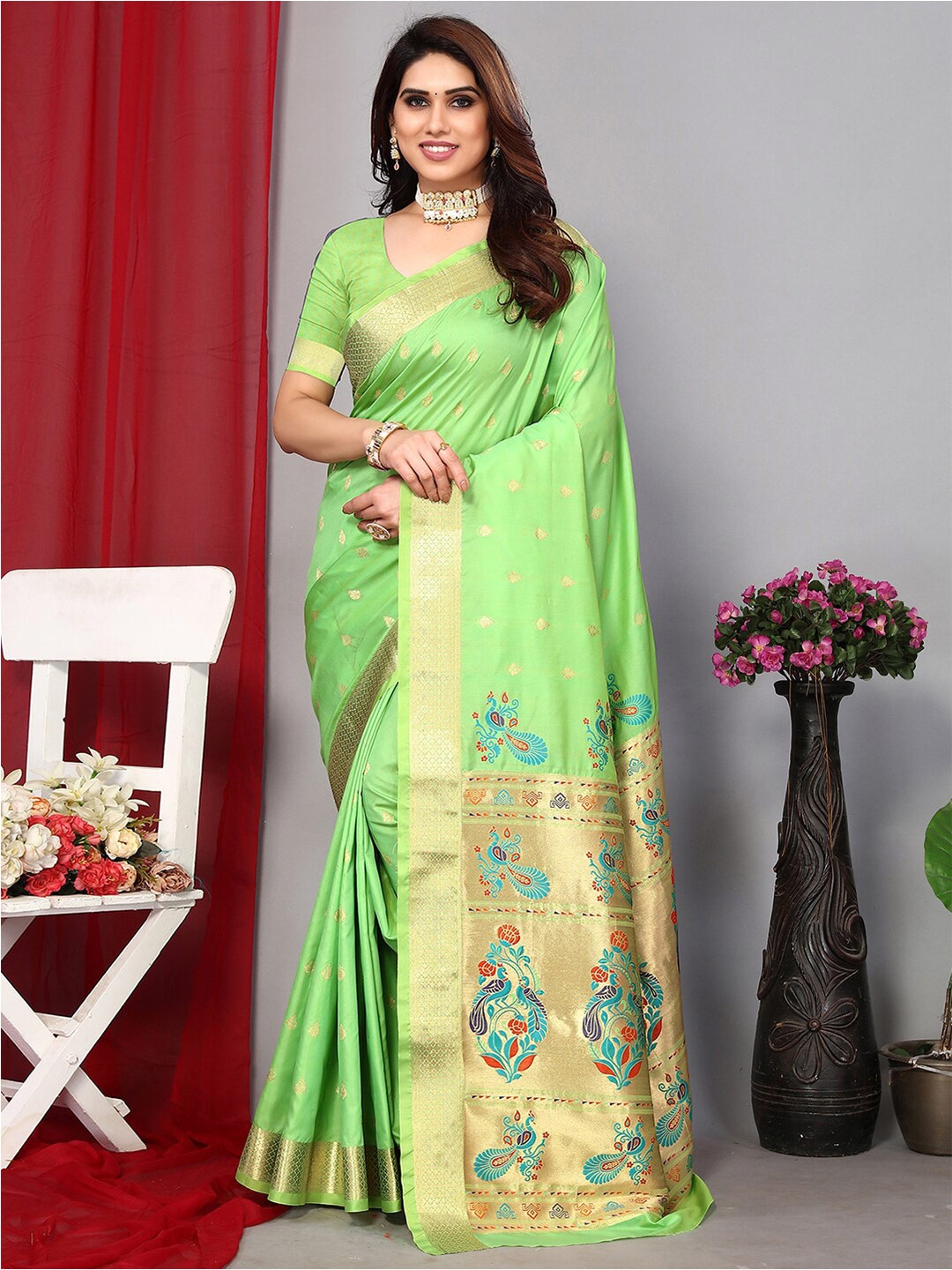 

Satrani Ethnic Motif Poly Silk Banarasi Zari Saree With Blosue Piece, Green