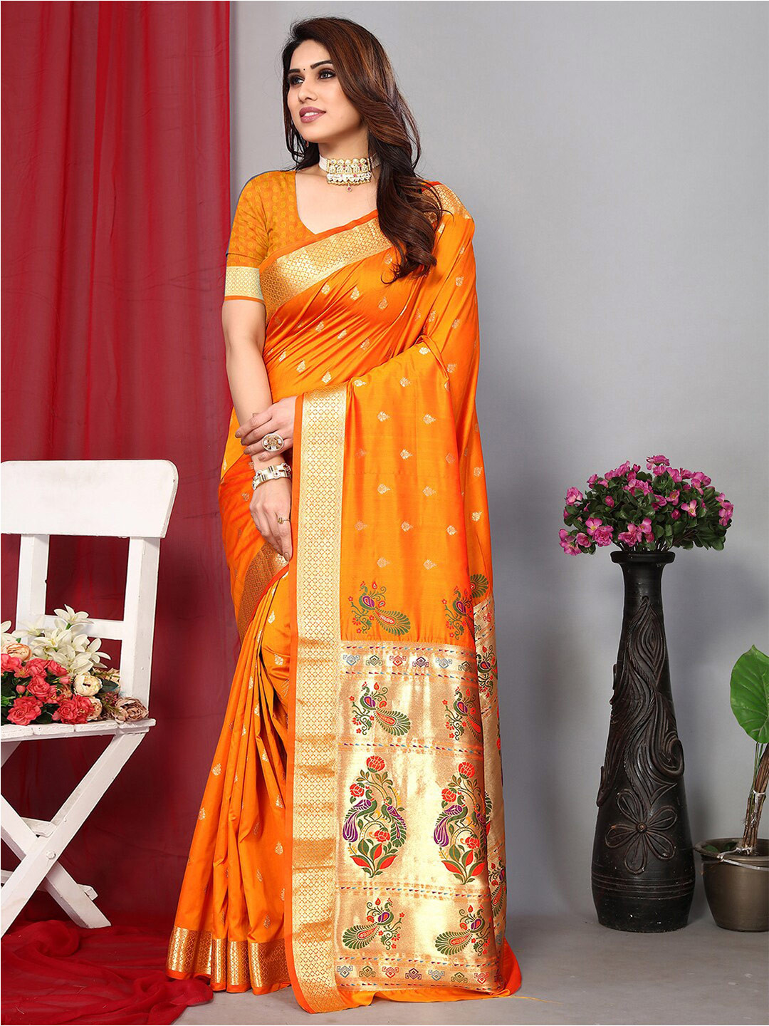 

Satrani Orange & Green Ethnic Motif Woven Design Zari Banarasi Saree