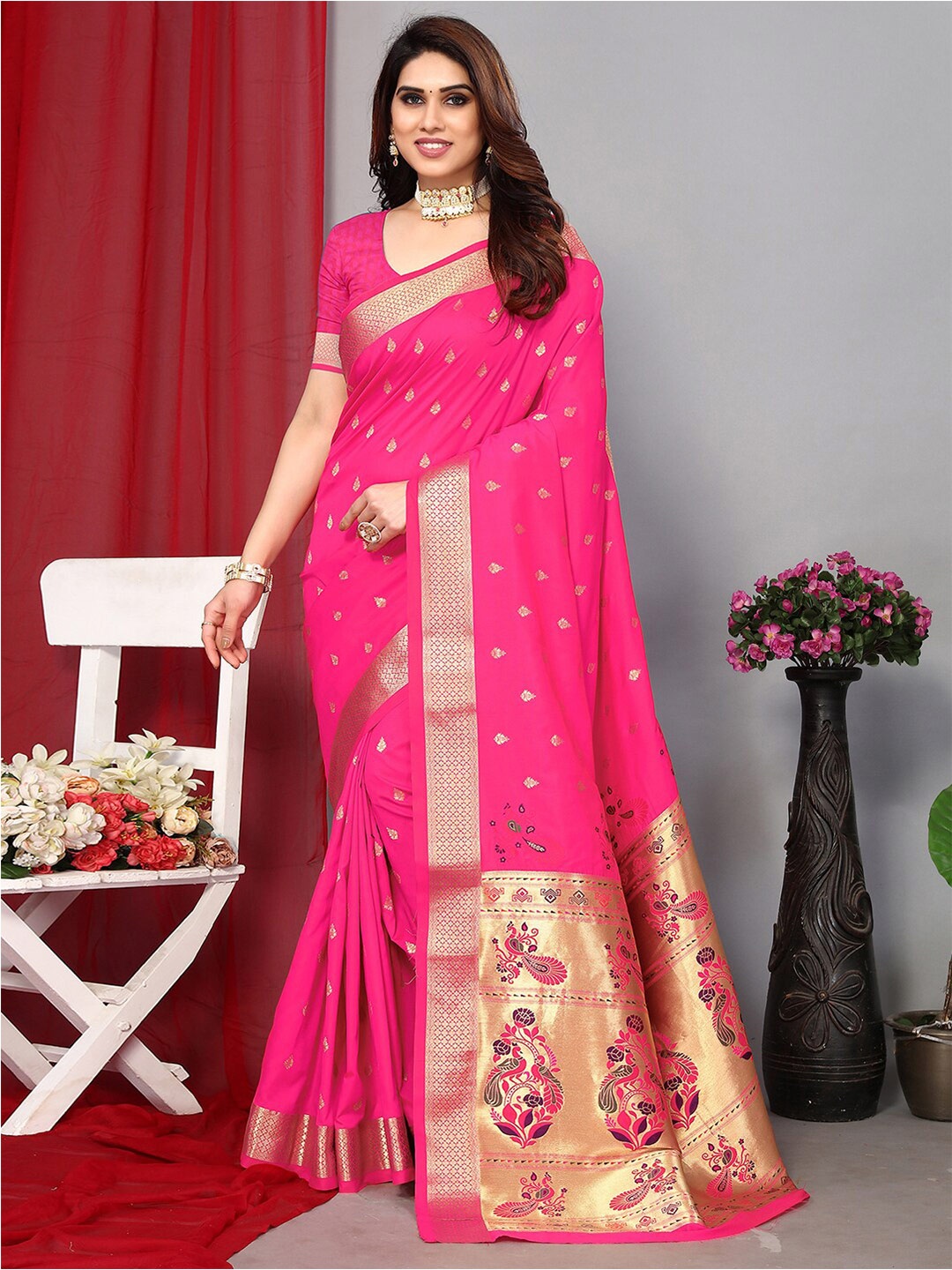 

Satrani Ethnic Motif Poly Silk Banarasi Zari Saree With Blosue Piece, Pink