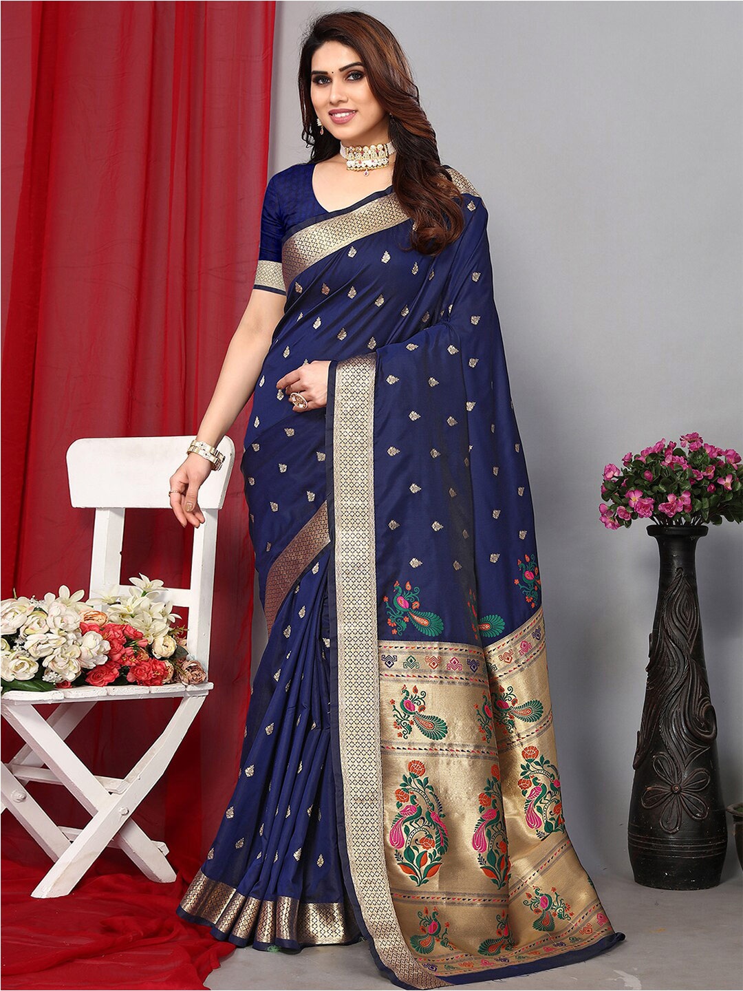 

Satrani Ethnic Motif Poly Silk Banarasi Zari Saree With Blosue Piece, Blue