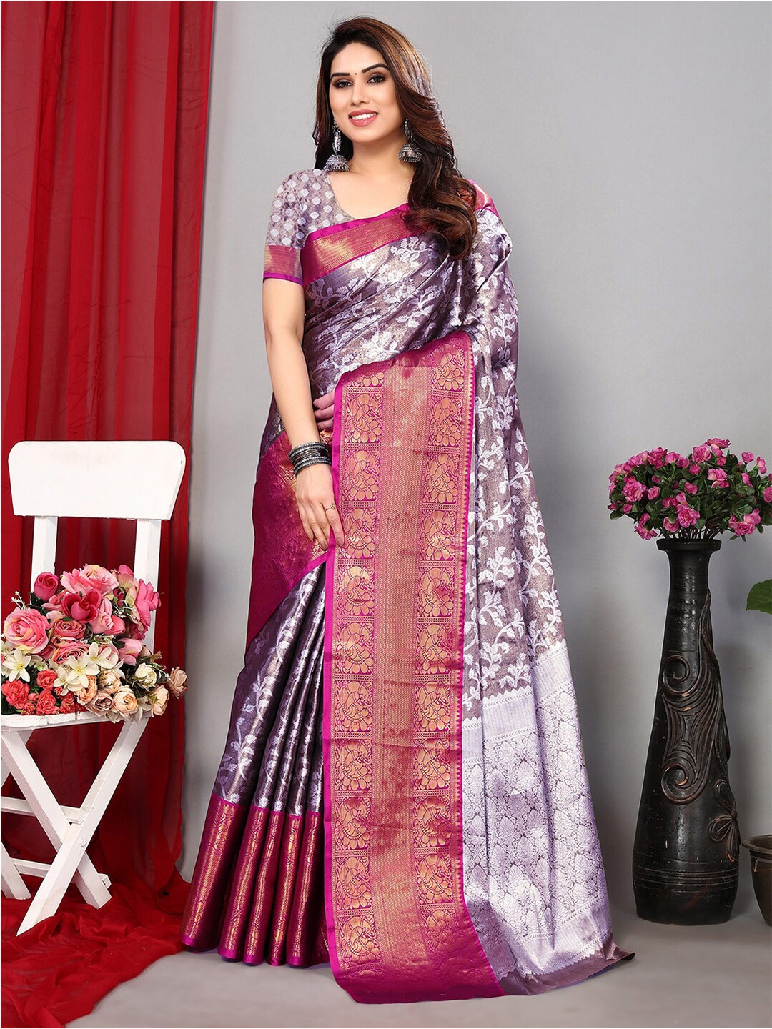 

Satrani Lavender & Pink Floral Woven Design Zari Banarasi Saree