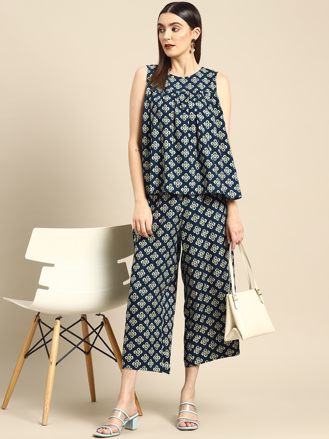 

Anouk Printed Top with Trousers, Navy blue