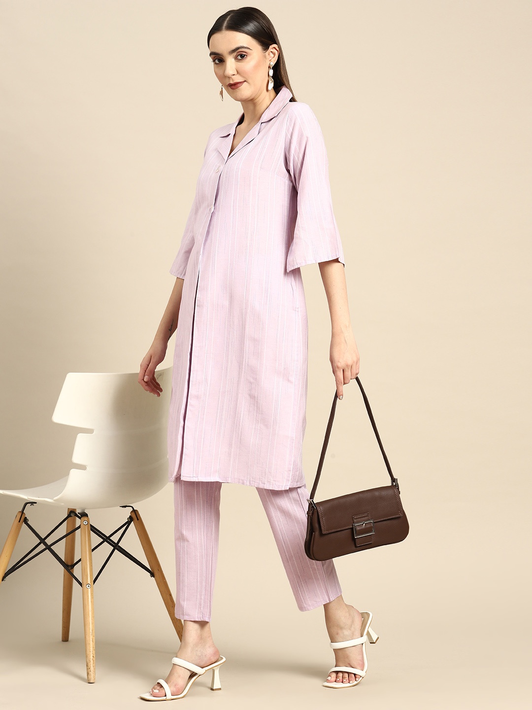 

Anouk Striped Regular Pure Cotton Kurta with Trousers, Lavender