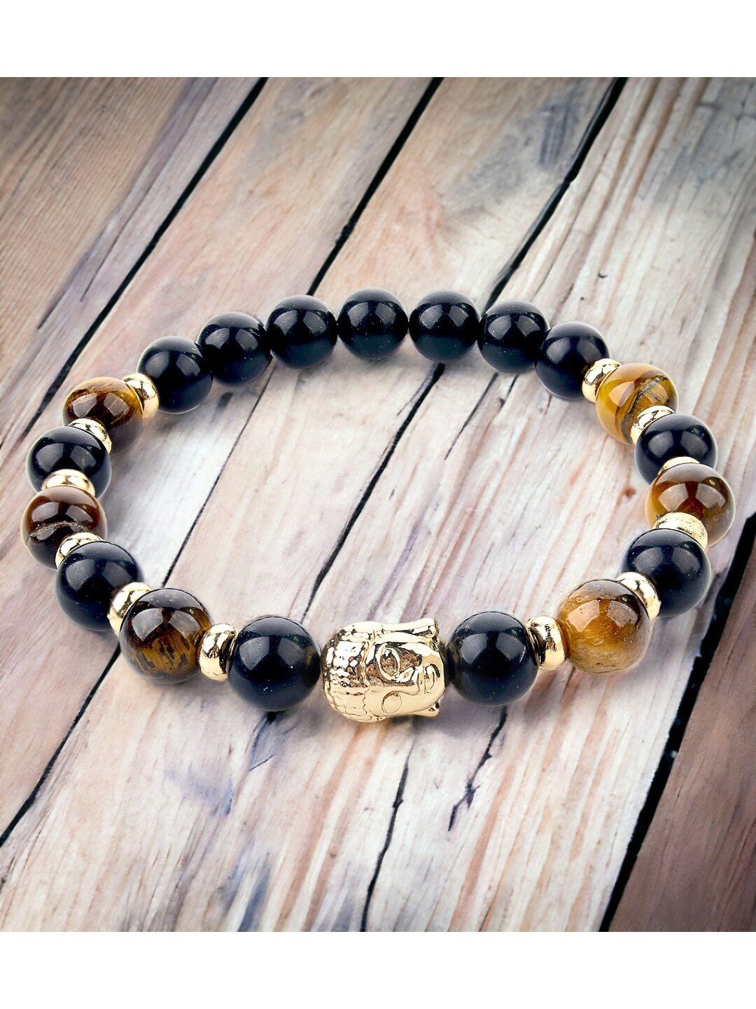 

HOT AND BOLD Gold-Plated Tigers Eye Buddha Beads Elasticated Bracelet, Black