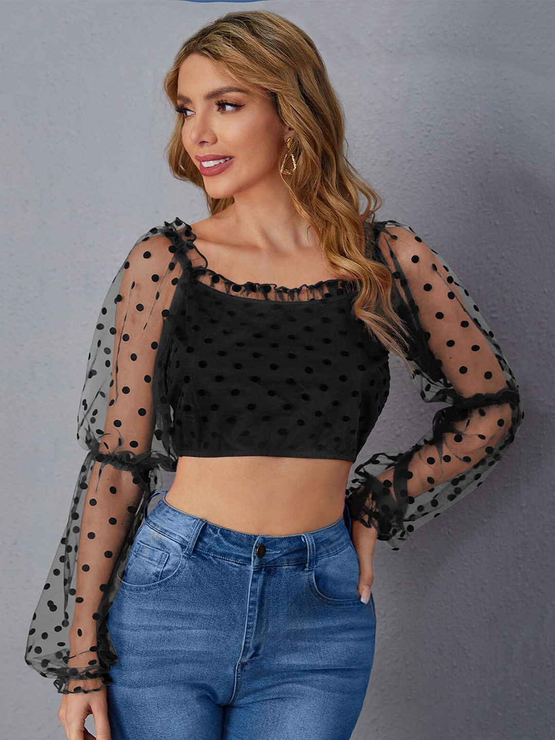 

FAVRIZ Geometric Printed Bell Sleeve Crop Fitted Top, Black