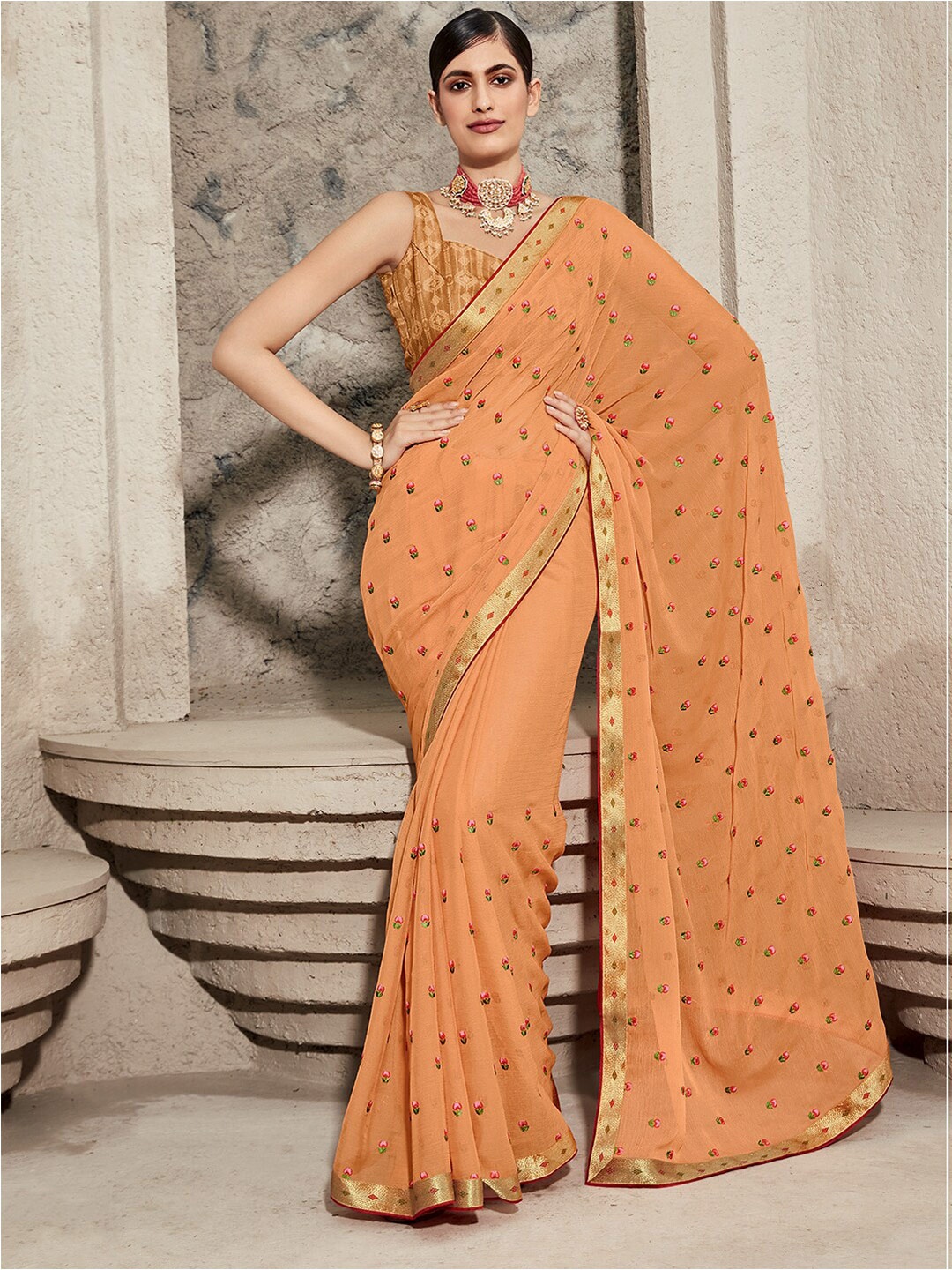 

Kasak Floral Embroidered Zari Saree, Orange