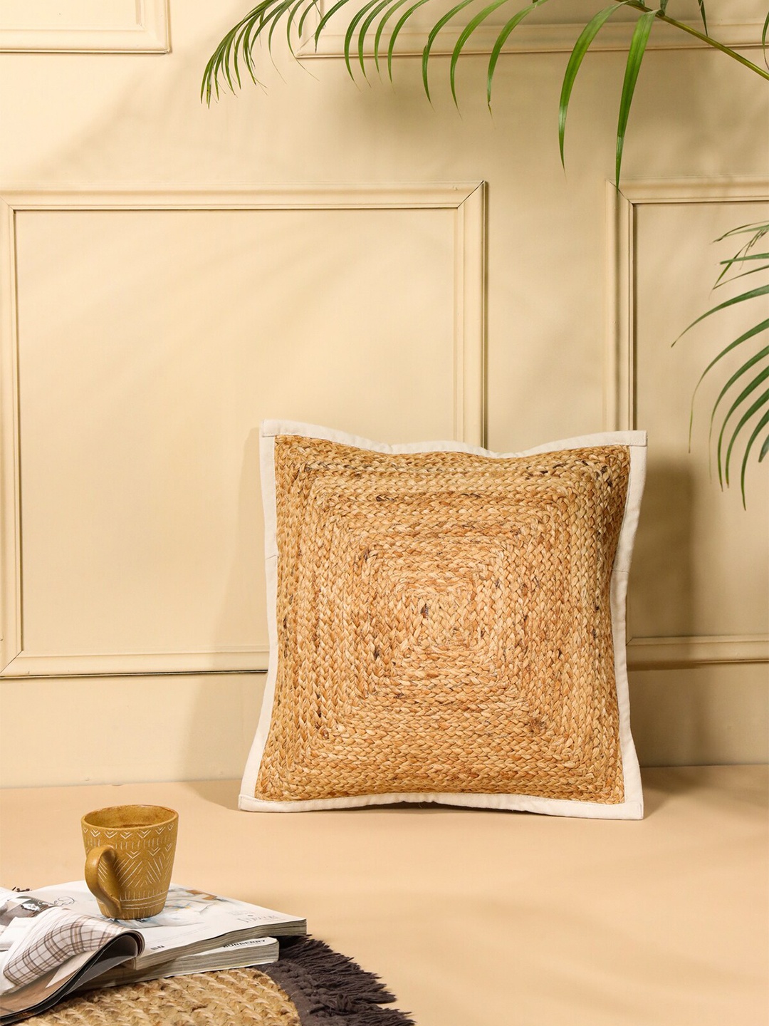 

SANSKRUTIHOMES Beige & White Jute Cotton Square Cushion Covers