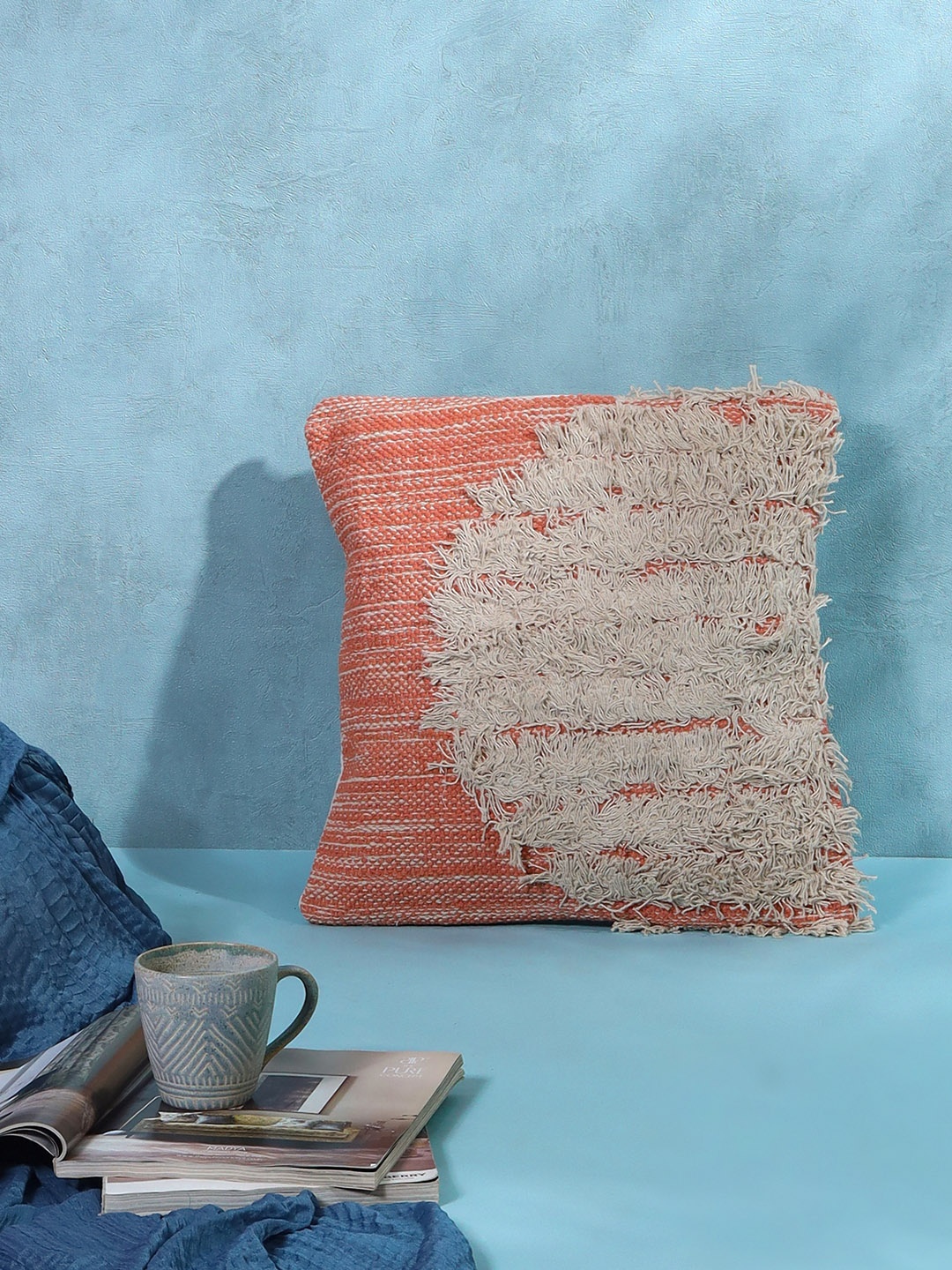 

SANSKRUTIHOMES Orange & White Embroidered Cotton Square Cushion Cover