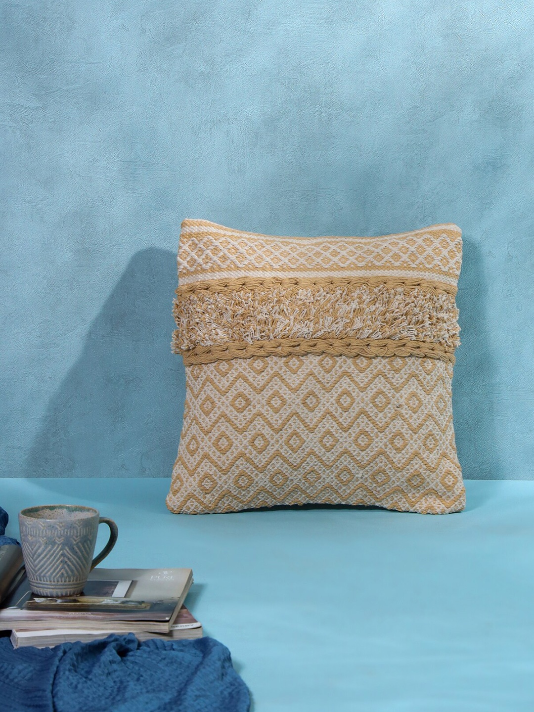 

SANSKRUTIHOMES Beige & Off White Embroidered Cotton Square Cushion Cover