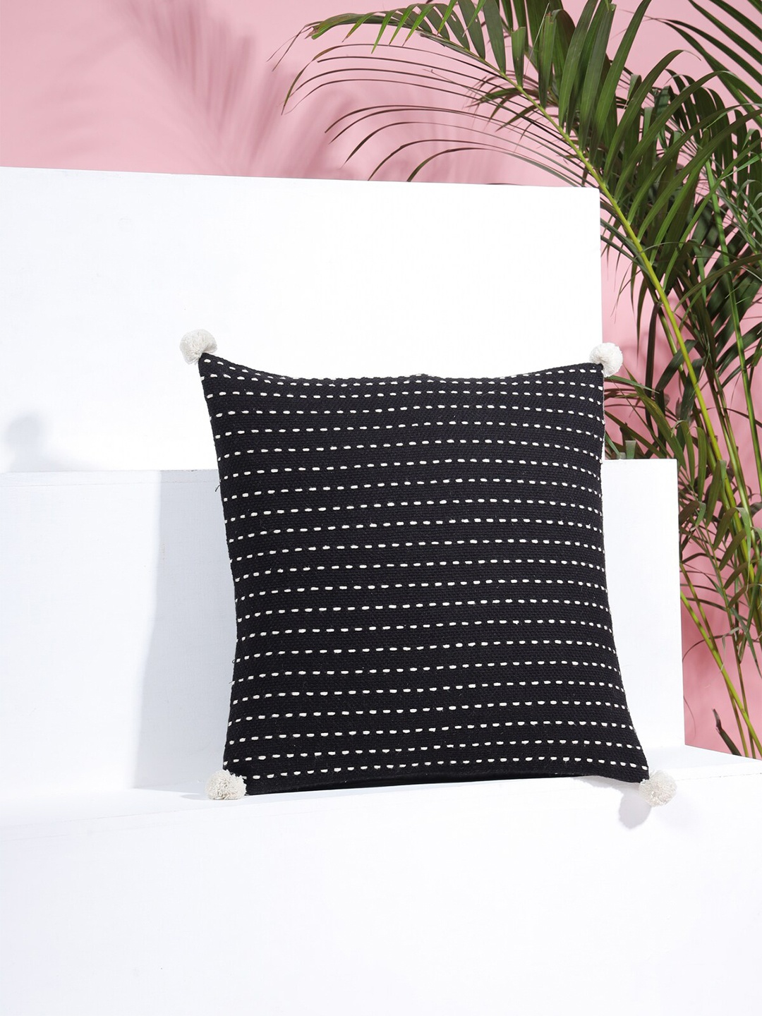 

SANSKRUTIHOMES Black & White Embroidered Cotton Square Cushion Cover