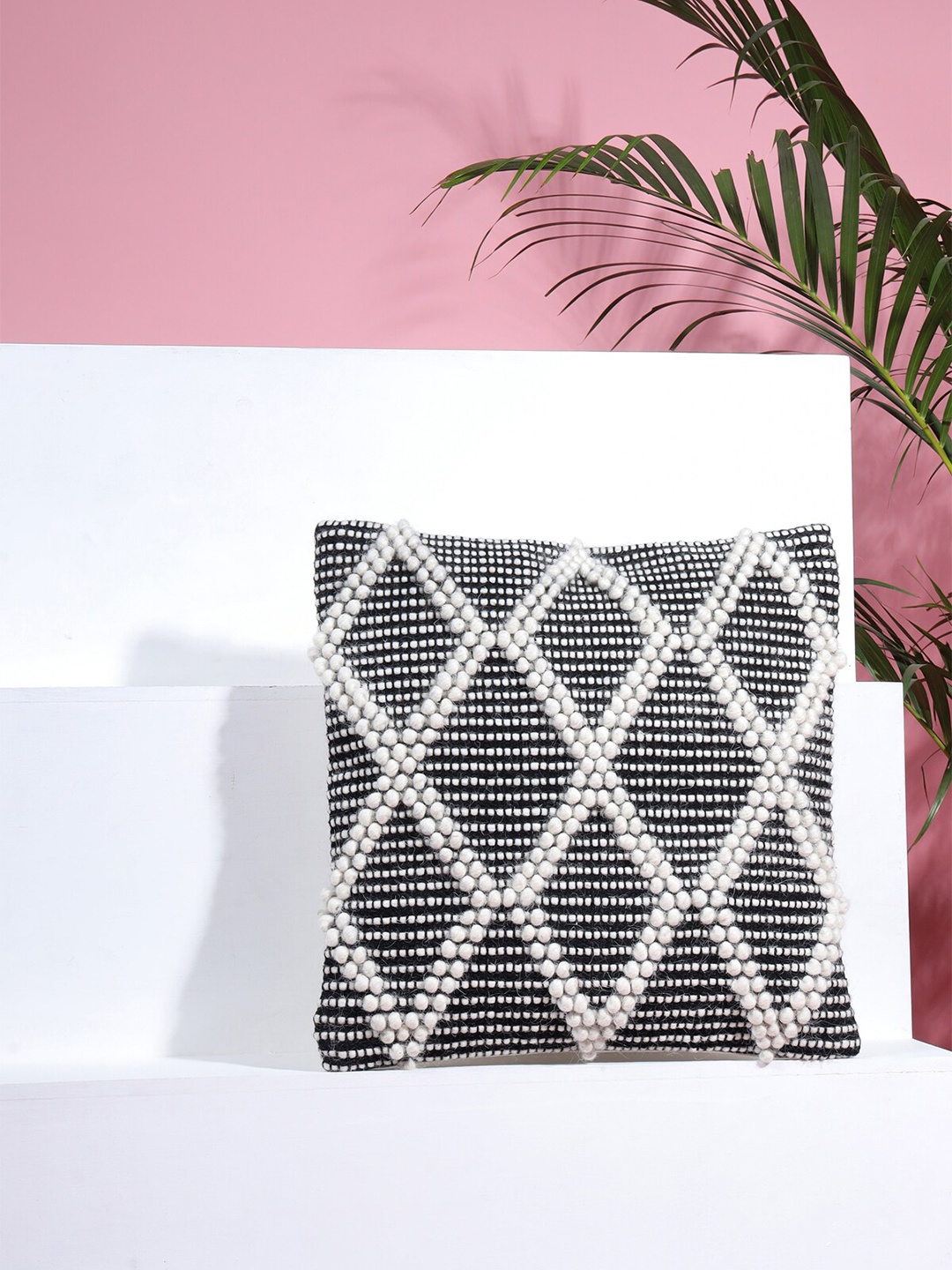 

SANSKRUTIHOMES Black & White Embroidered Cotton Square Cushion Cover