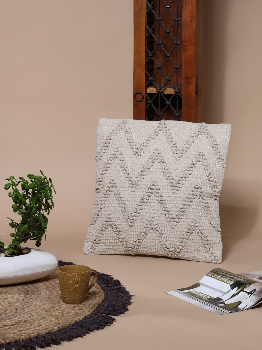 

SANSKRUTIHOMES Beige Cotton Embroidered Square Cushion Covers